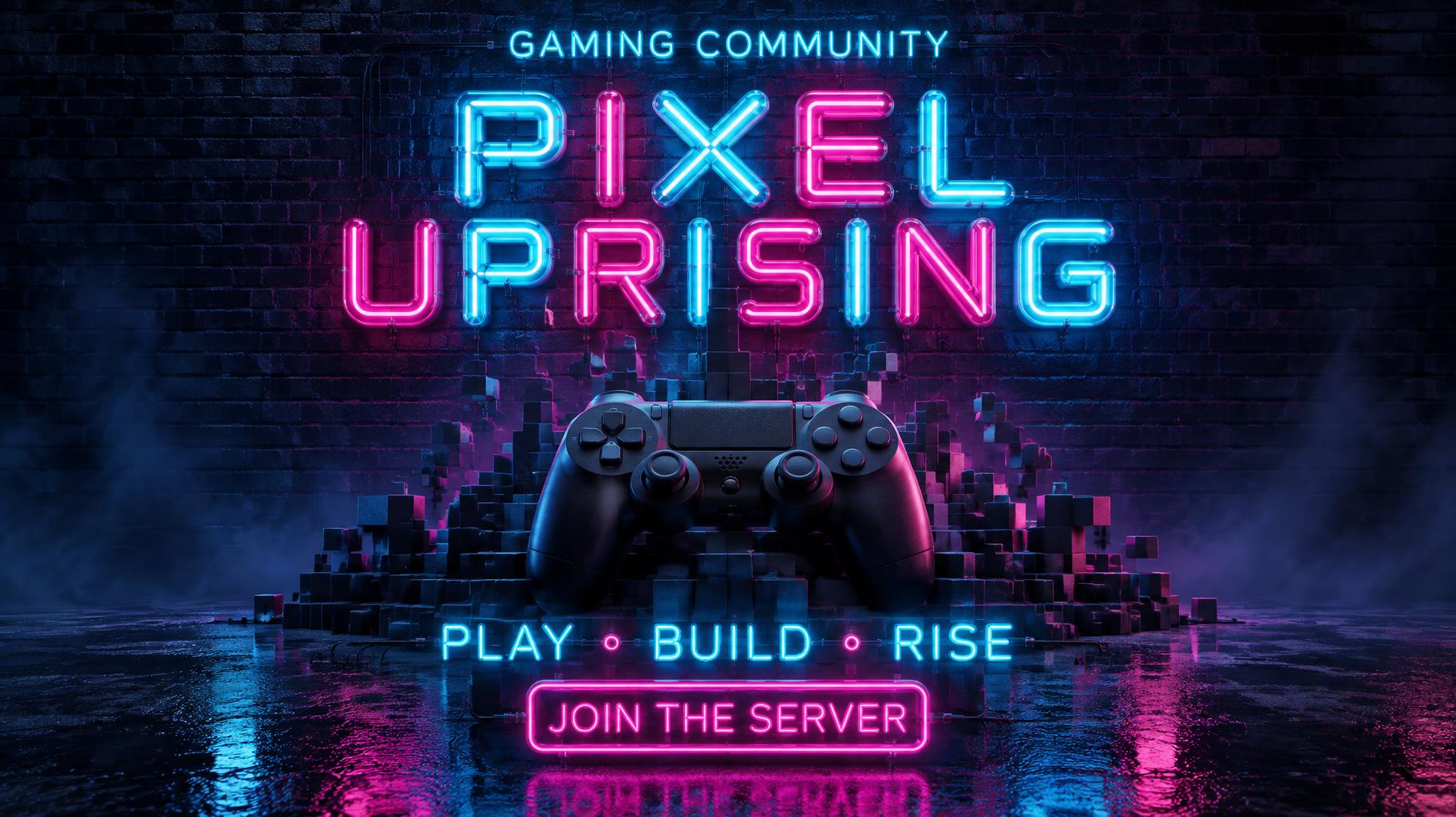 "PIXEL UPRISING
GAMING COMMUNITY
PLAY • BUILD • RISE
JOIN THE SERVER" — Neon Glow | AI Text Effect Generator