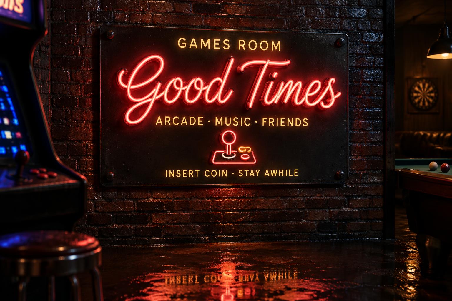 "Good Times
GAMES ROOM
ARCADE · MUSIC · FRIENDS
INSERT COIN · STAY AWHILE" — Neon Sign | AI Text Effect Generator