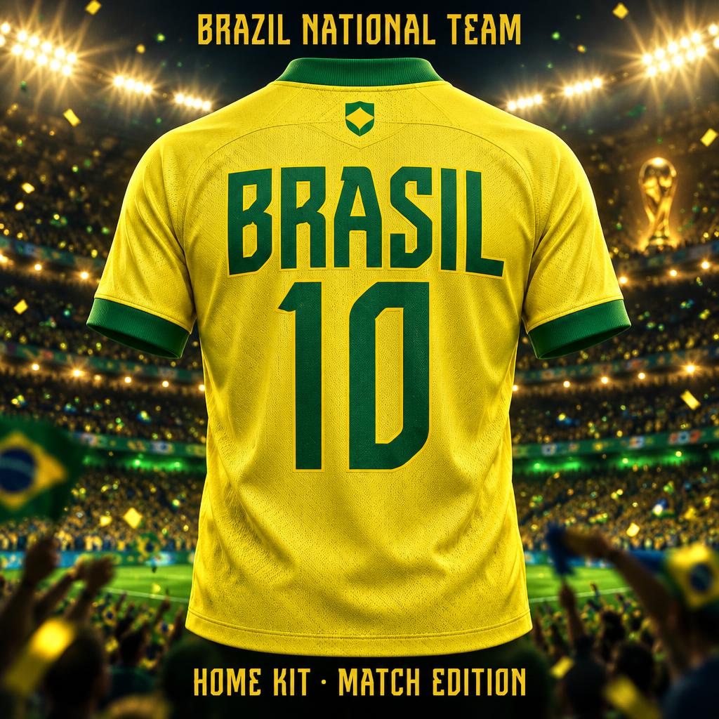 "BRASIL
10
BRAZIL NATIONAL TEAM
HOME KIT · MATCH EDITION" — Sports Football | AI Text Effect Generator