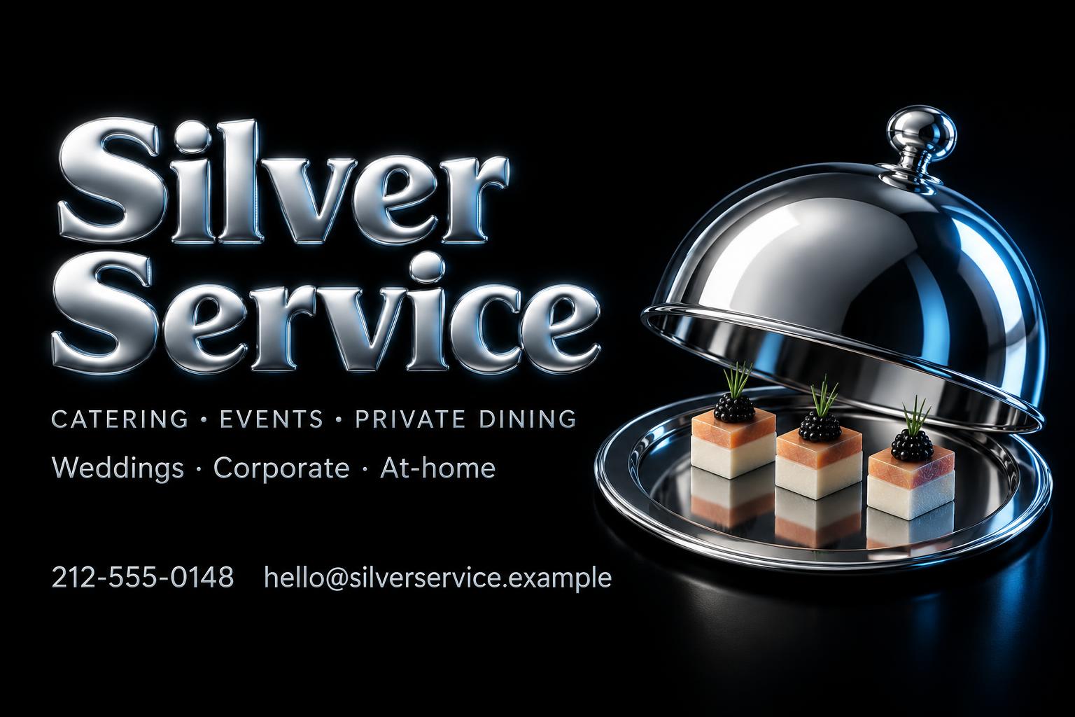 "Silver Service
CATERING • EVENTS • PRIVATE DINING
Weddings · Corporate · At-home
212-555-0148
hello@silverservice.example" — Chrome Metal 3d | AI Text Effect Generator