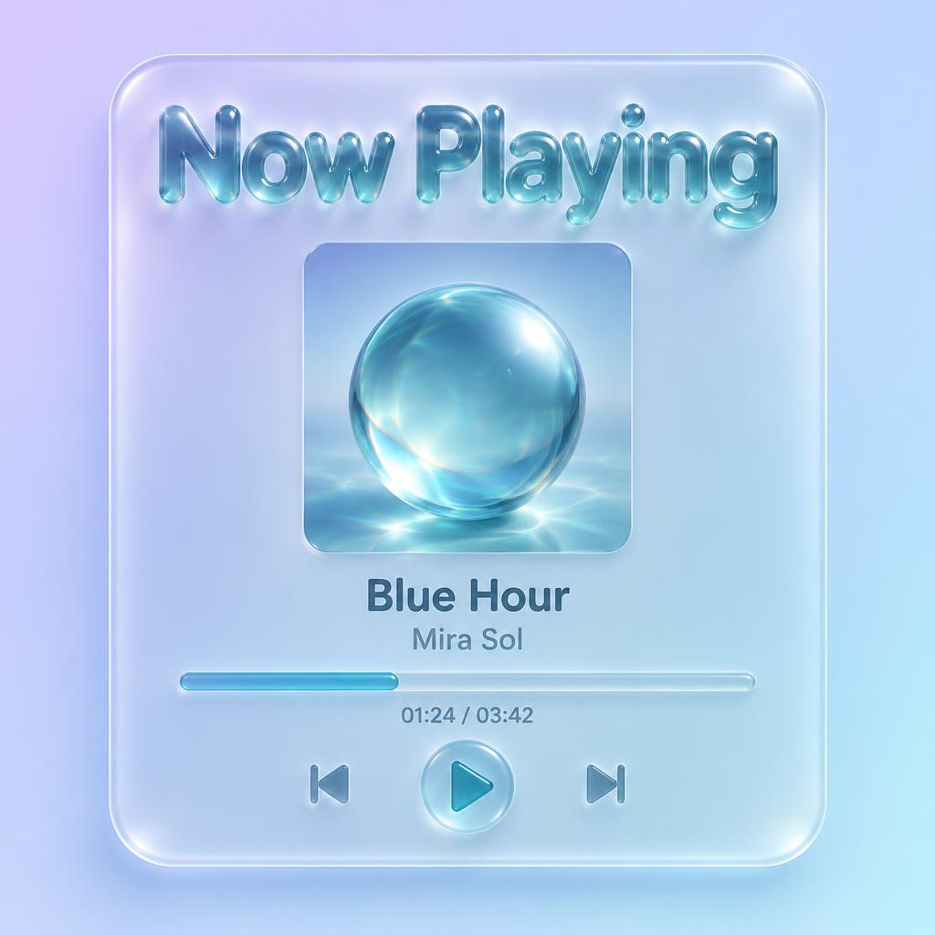 "Now Playing
Blue Hour
Mira Sol
01:24 / 03:42" — Glass Liquid | AI Text Effect Generator