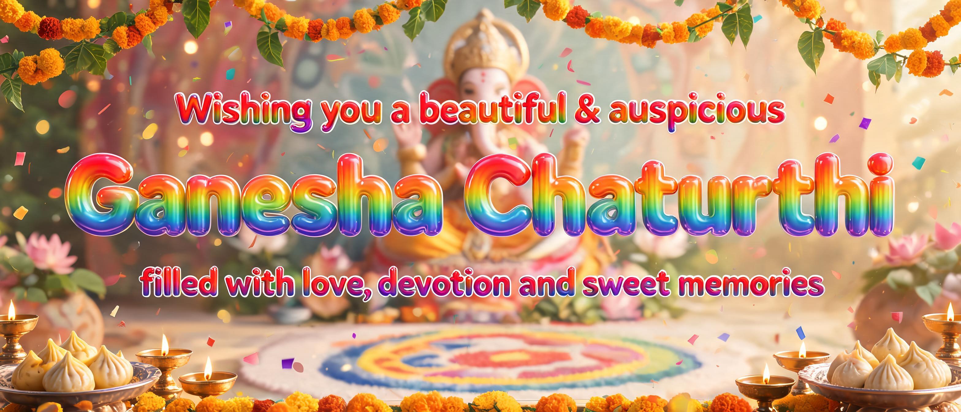 "Wishing you a beautiful & auspicious Ganesha Chaturthi filled with love, devotion and sweet memories" — Rainbow | AI Text Effect Generator