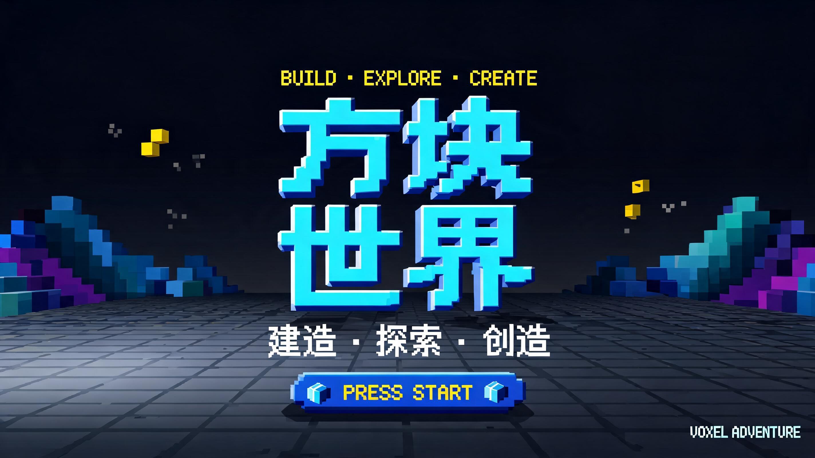 "方块世界
BUILD · EXPLORE · CREATE
建造 · 探索 · 创造
PRESS START
VOXEL ADVENTURE" — Pixel Art | AI Text Effect Generator
