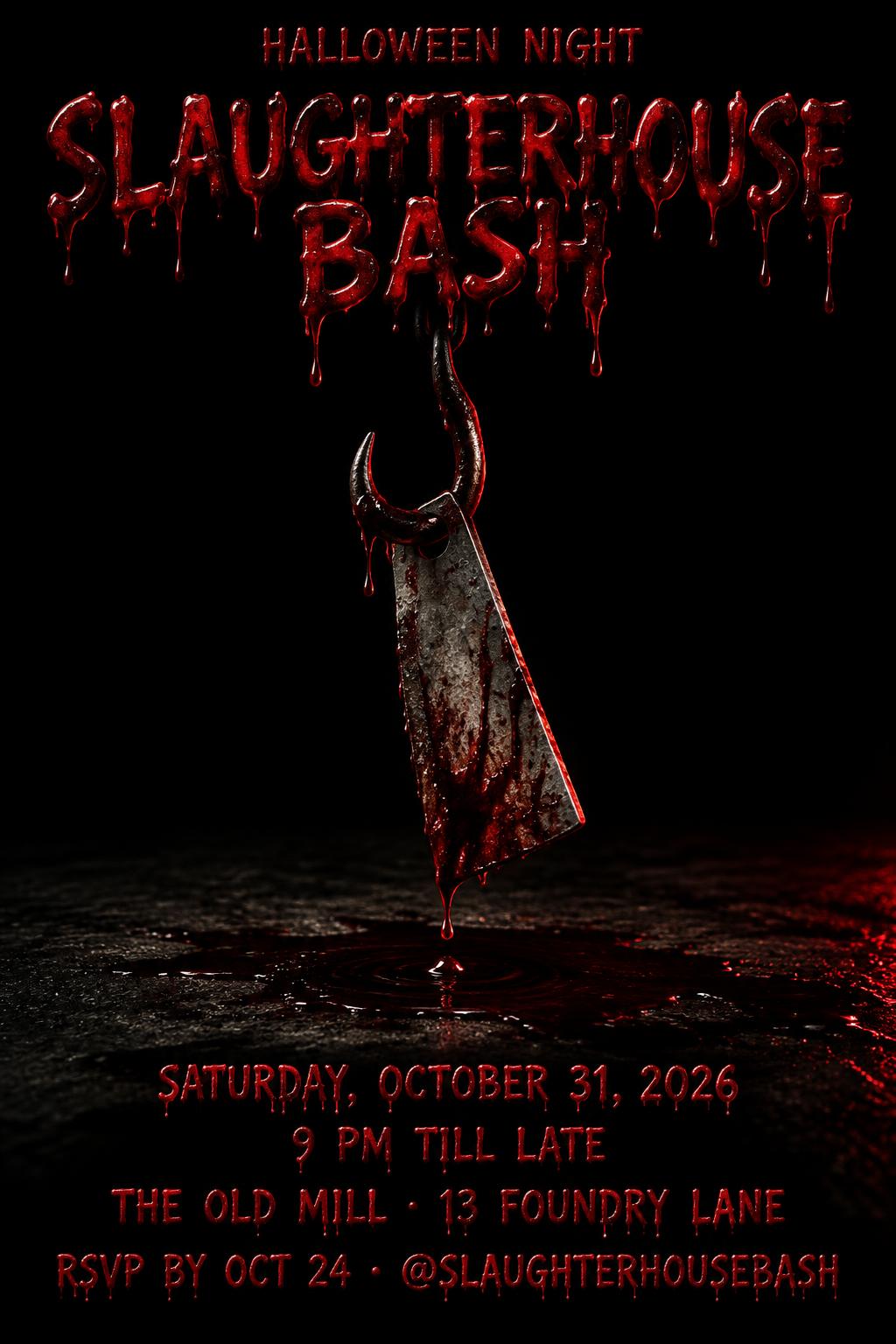 "SLAUGHTERHOUSE BASH
HALLOWEEN NIGHT
SATURDAY, OCTOBER 31, 2026
9 PM TILL LATE
THE OLD MILL · 13 FOUNDRY LANE
RSVP BY OCT 24 · @SLAUGHTERHOUSEBASH" — Drip Font Blood | AI Text Effect Generator