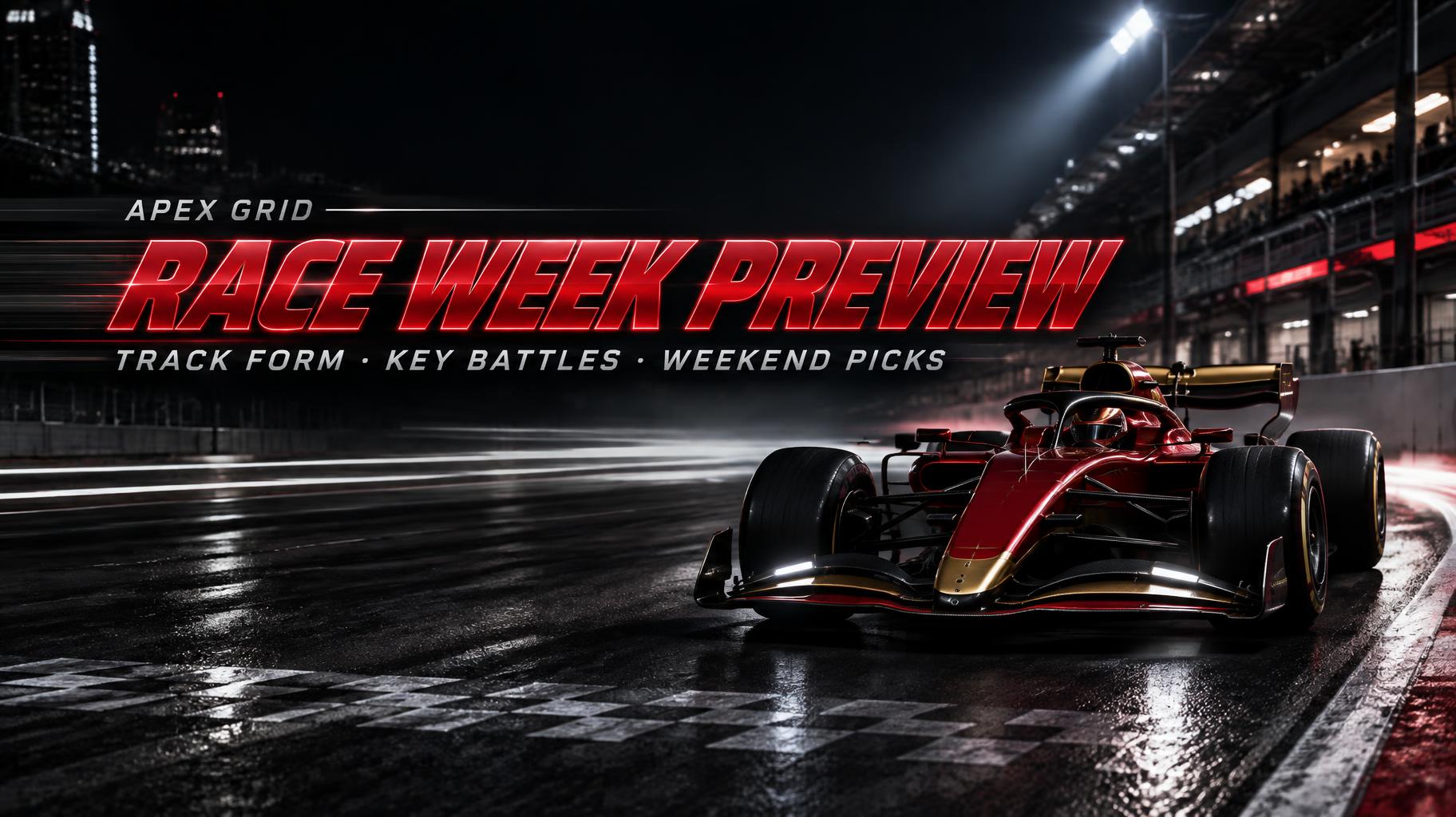 "RACE WEEK PREVIEW
APEX GRID
TRACK FORM · KEY BATTLES · WEEKEND PICKS" — Racing | AI Text Effect Generator