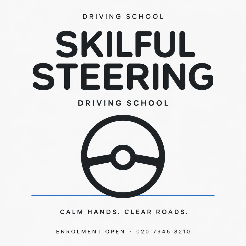 "SKILFUL
STEERING
DRIVING SCHOOL
CALM HANDS. CLEAR ROADS.
ENROLMENT OPEN · 020 7946 8210" — Minimal text effect