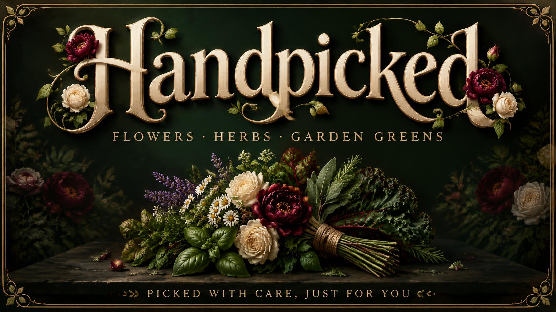 "Handpicked
FLOWERS · HERBS · GARDEN GREENS
PICKED WITH CARE, JUST FOR YOU" — Floral | AI Text Effect Generator