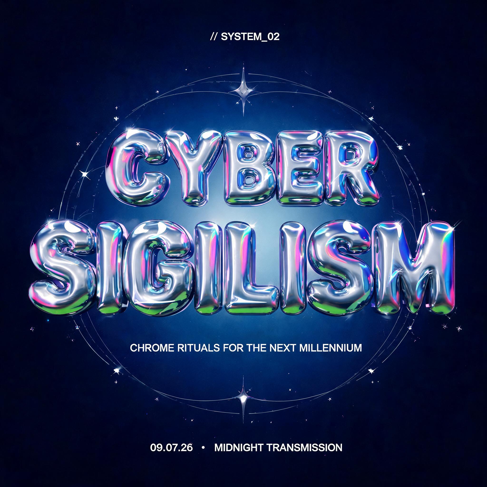 "CYBER
SIGILISM
// SYSTEM_02
CHROME RITUALS FOR THE NEXT MILLENNIUM
09.07.26  •  MIDNIGHT TRANSMISSION" — Y2k | AI Text Effect Generator