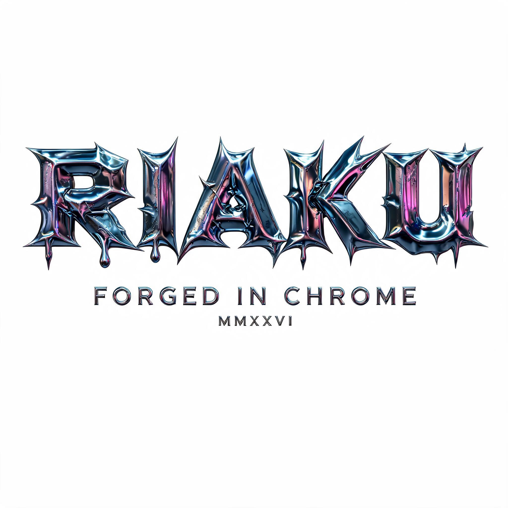 "RIAKU
FORGED IN CHROME
MMXXVI" — Y2k Liquid text effect