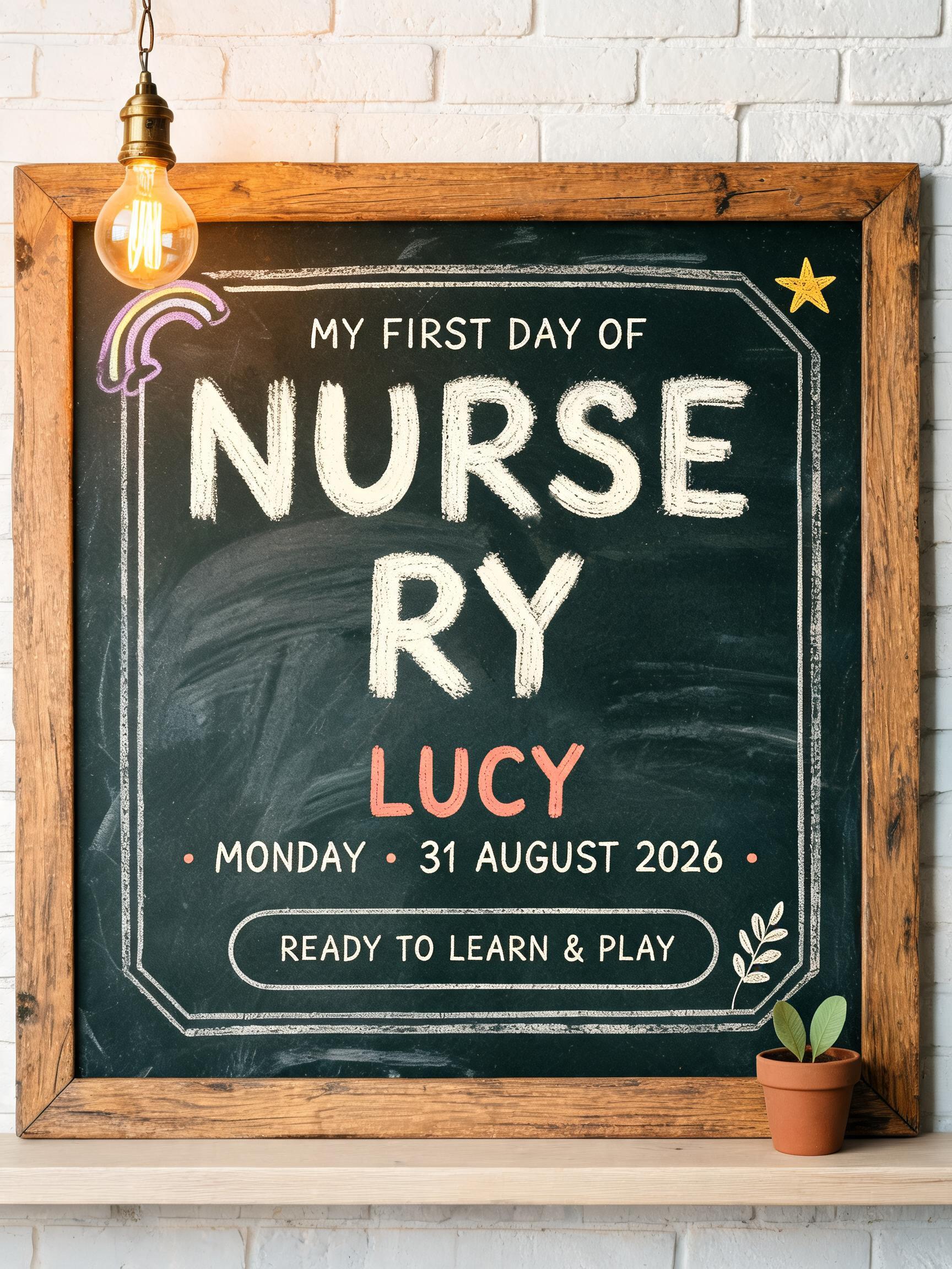 "MY FIRST DAY OF
NURSERY
LUCY
MONDAY · 31 AUGUST 2026
READY TO LEARN & PLAY" — Chalk text effect