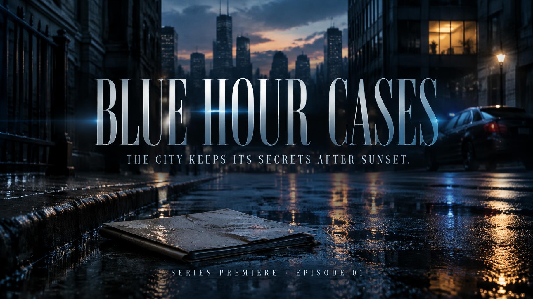 "BLUE HOUR CASES
THE CITY KEEPS ITS SECRETS AFTER SUNSET.
SERIES PREMIERE · EPISODE 01" — Cinematic | AI Text Effect Generator