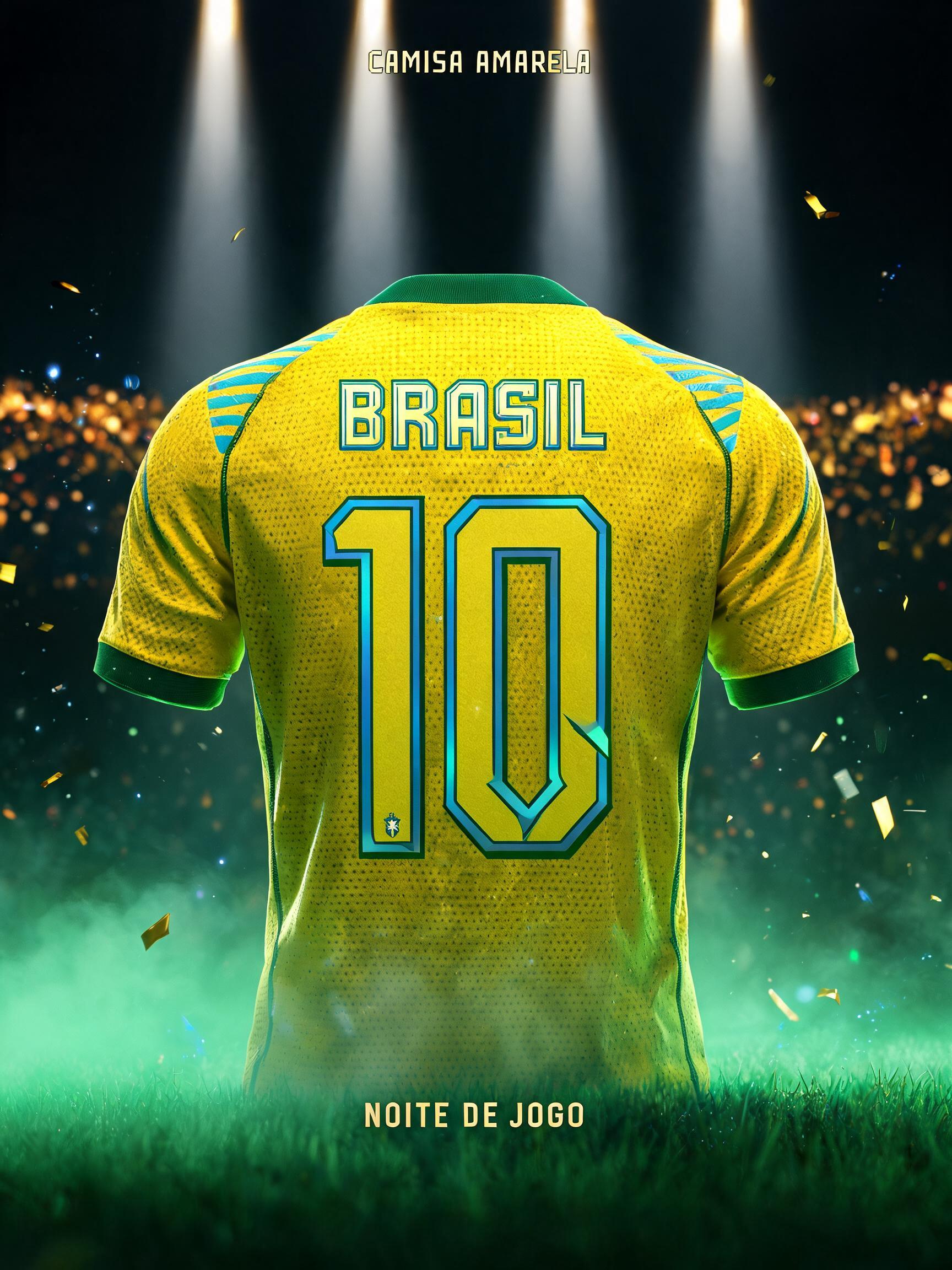 "BRASIL
10
CAMISA AMARELA
NOITE DE JOGO" — Sports Football | AI Text Effect Generator