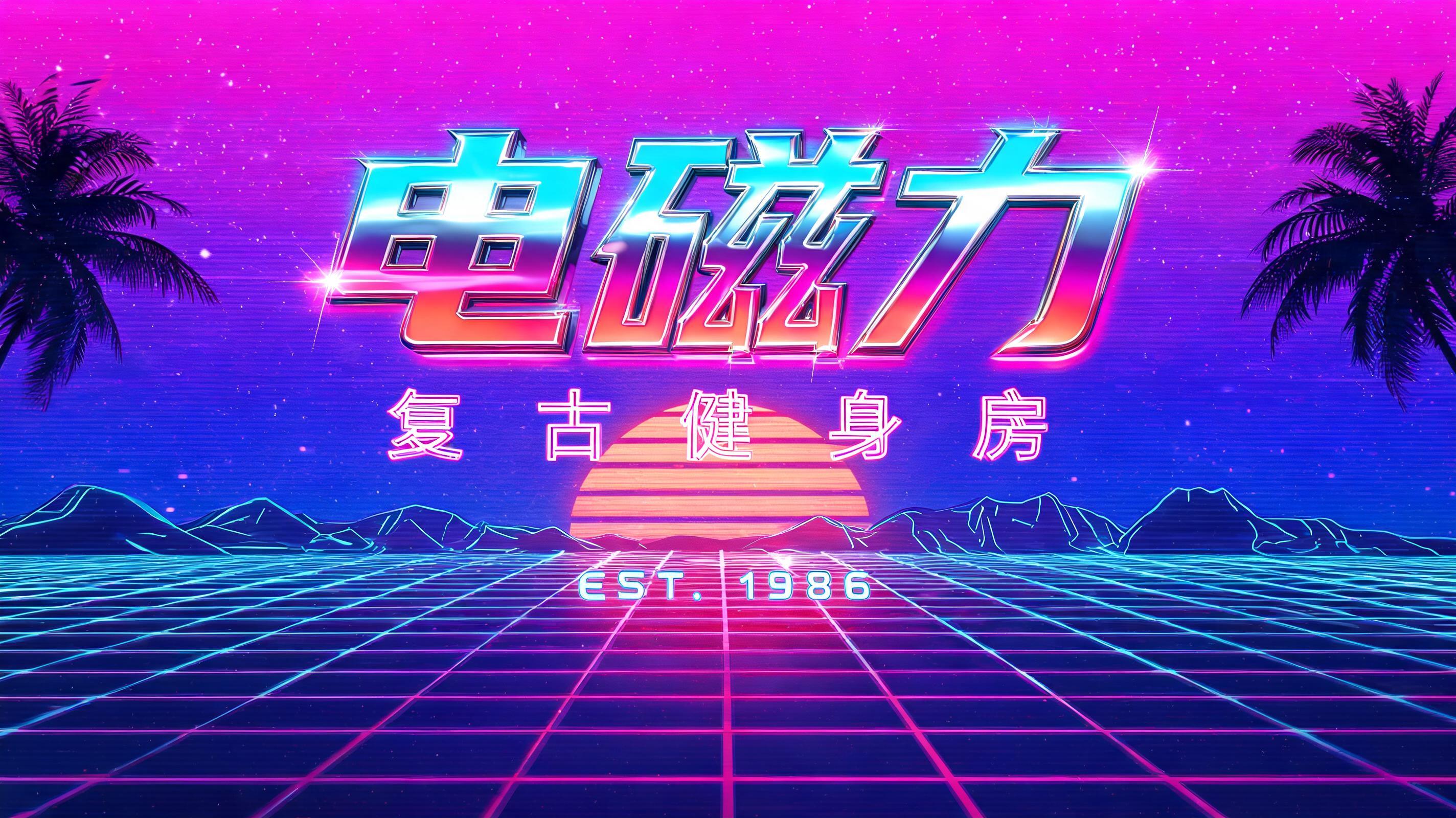 "帮我做复古健身房「电磁力」的合成波招牌" — Synthwave text effect