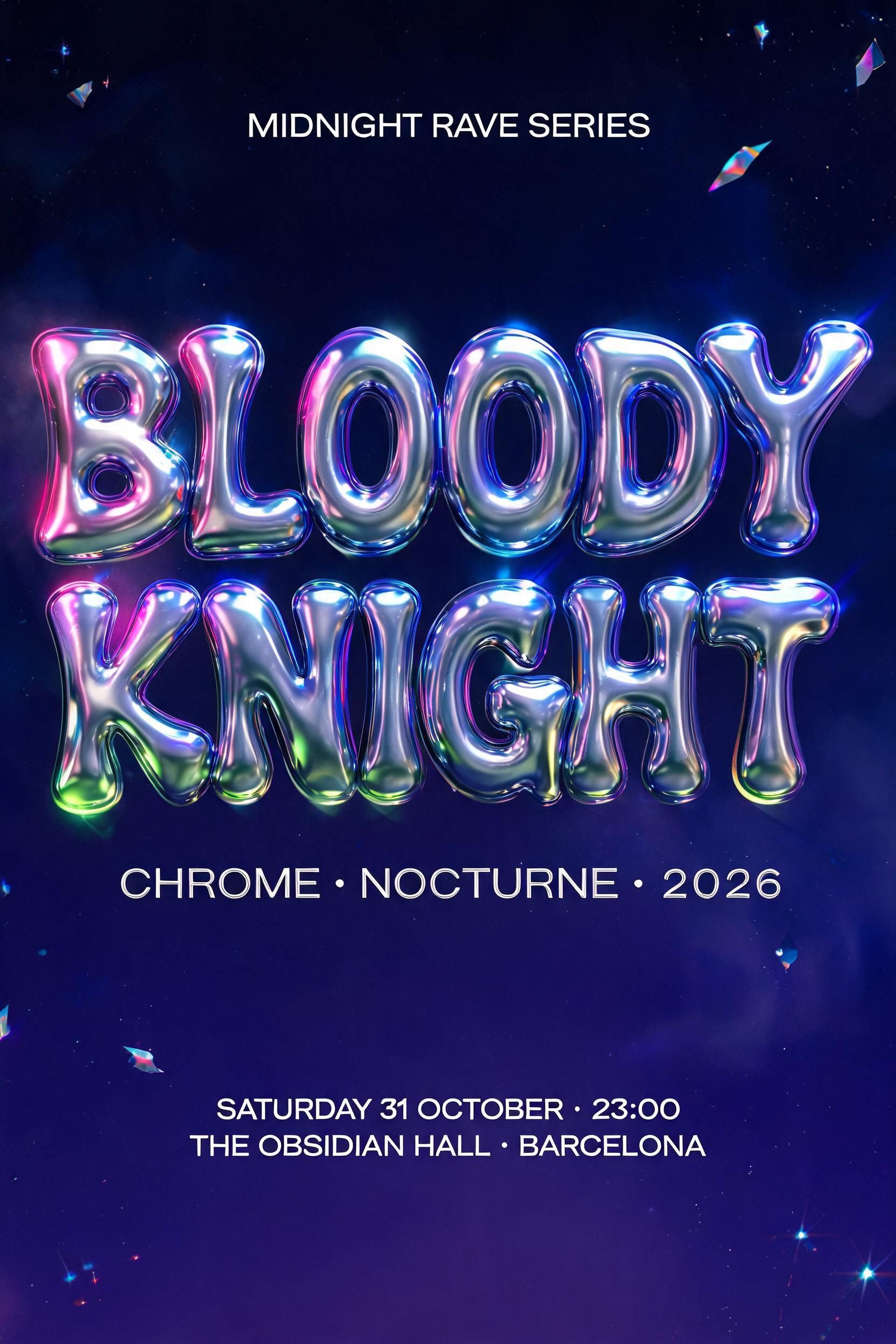 "Bloody
Knight
MIDNIGHT RAVE SERIES
CHROME • NOCTURNE • 2026
SATURDAY 31 OCTOBER · 23:00
THE OBSIDIAN HALL · BARCELONA" — Y2k text effect