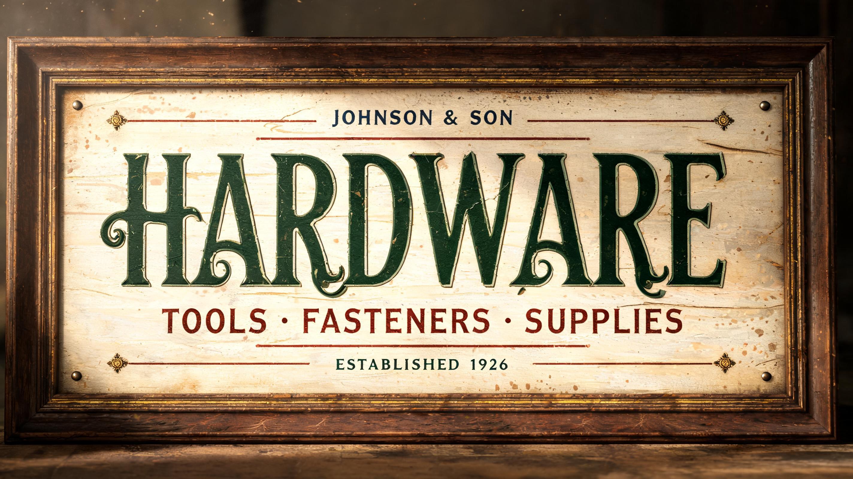 "HARDWARE
JOHNSON & SON
TOOLS · FASTENERS · SUPPLIES
ESTABLISHED 1926" — Vintage text effect