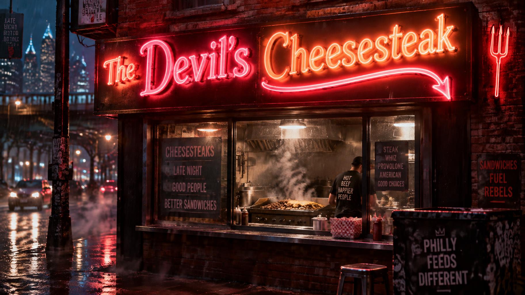 "The Devil's Cheesesteak" — Neon Sign | AI Text Effect Generator