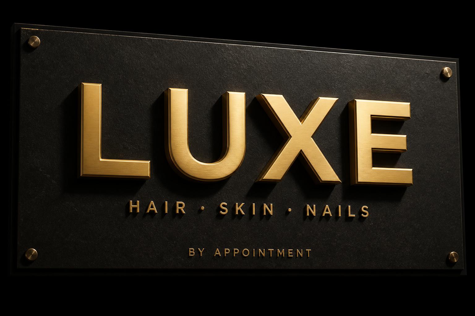 "LUXE
HAIR · SKIN · NAILS
BY APPOINTMENT" — 3d Bold Gold | AI Text Effect Generator