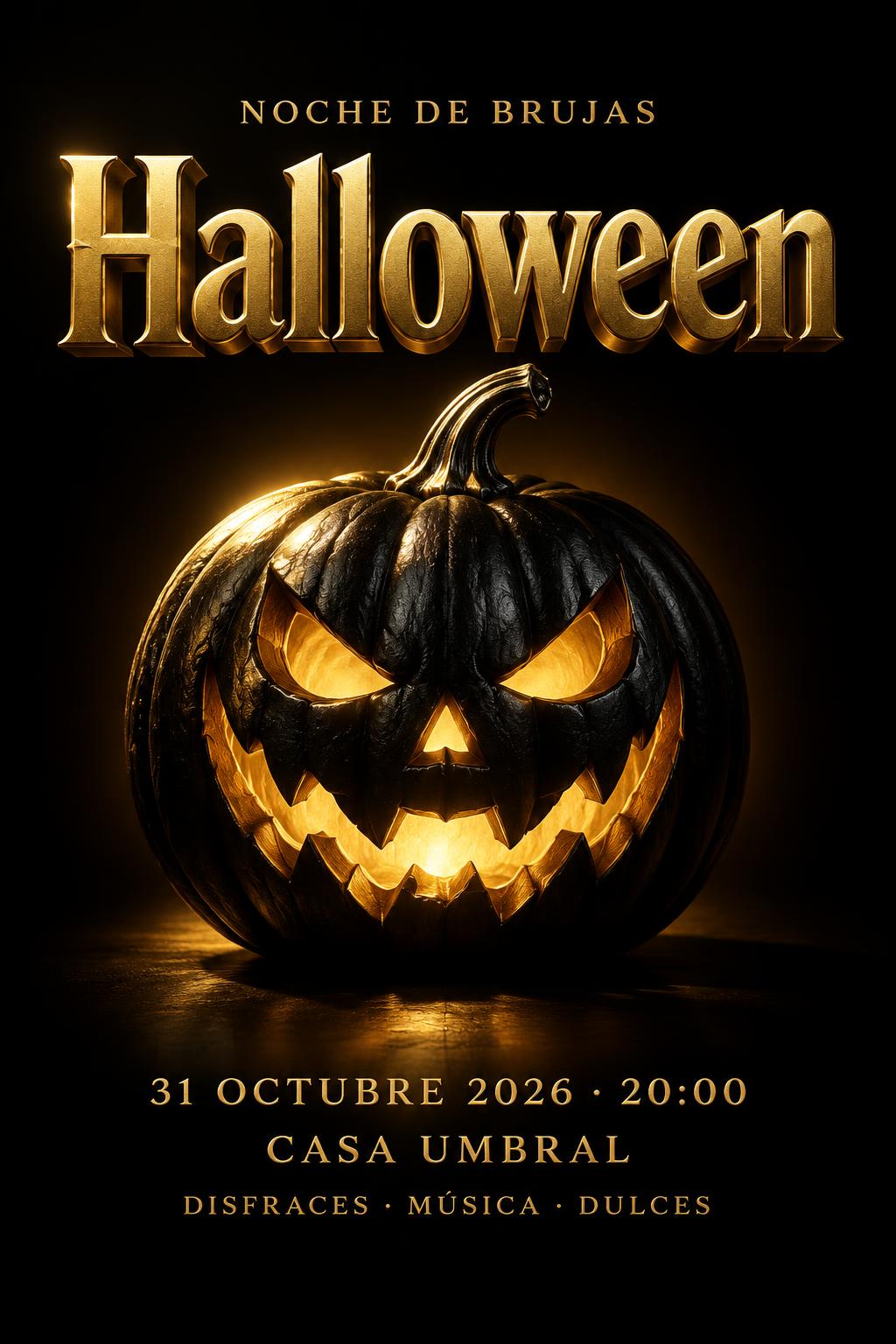 "Halloween
NOCHE DE BRUJAS
31 OCTUBRE 2026 · 20:00
CASA UMBRAL
DISFRACES · MÚSICA · DULCES" — 3d Bold Gold | AI Text Effect Generator