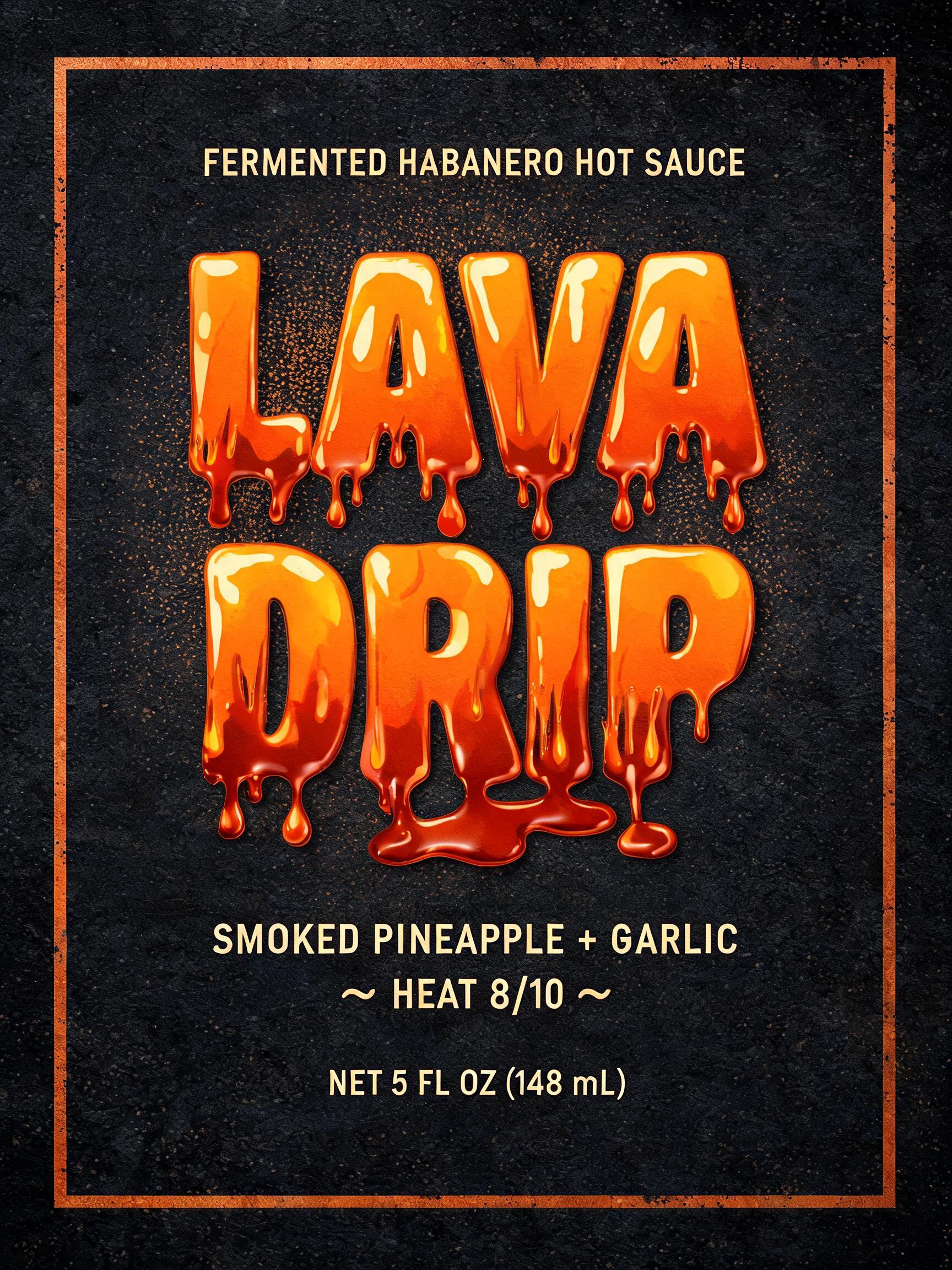"LAVA
DRIP
FERMENTED HABANERO HOT SAUCE
SMOKED PINEAPPLE + GARLIC
HEAT 8/10
NET 5 FL OZ (148 mL)" — Drip Font Melting | AI Text Effect Generator