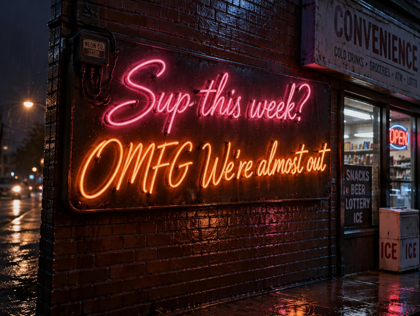 "Sup this week?
OMFG We're almost out" — Neon Sign | AI Text Effect Generator