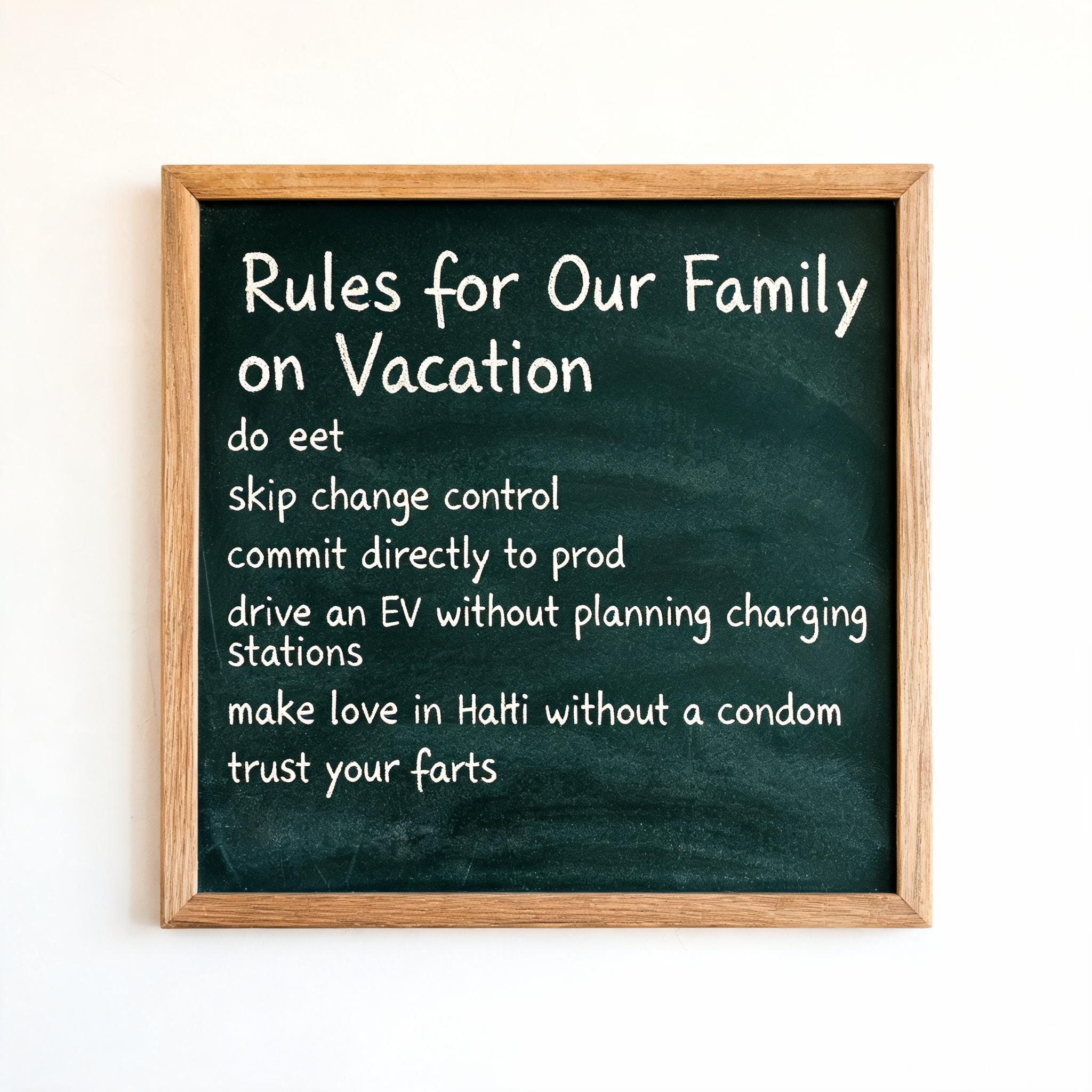"Rules for Our Family on Vacation
do eet
skip change control
commit directly to prod
drive an EV without planning charging stations
make love in Haiti without a condom
trust your farts" — Chalk | AI Text Effect Generator