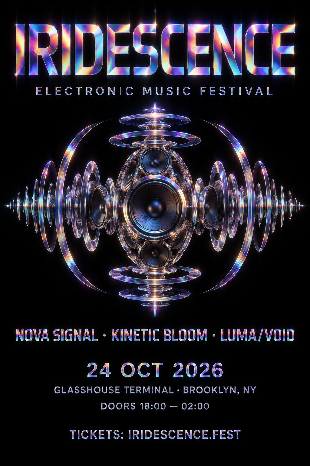"IRIDESCENCE
ELECTRONIC MUSIC FESTIVAL
NOVA SIGNAL · KINETIC BLOOM · LUMA/VOID
24 OCT 2026
GLASSHOUSE TERMINAL · BROOKLYN, NY
DOORS 18:00 — 02:00
TICKETS: IRIDESCENCE.FEST" — Holographic | AI Text Effect Generator