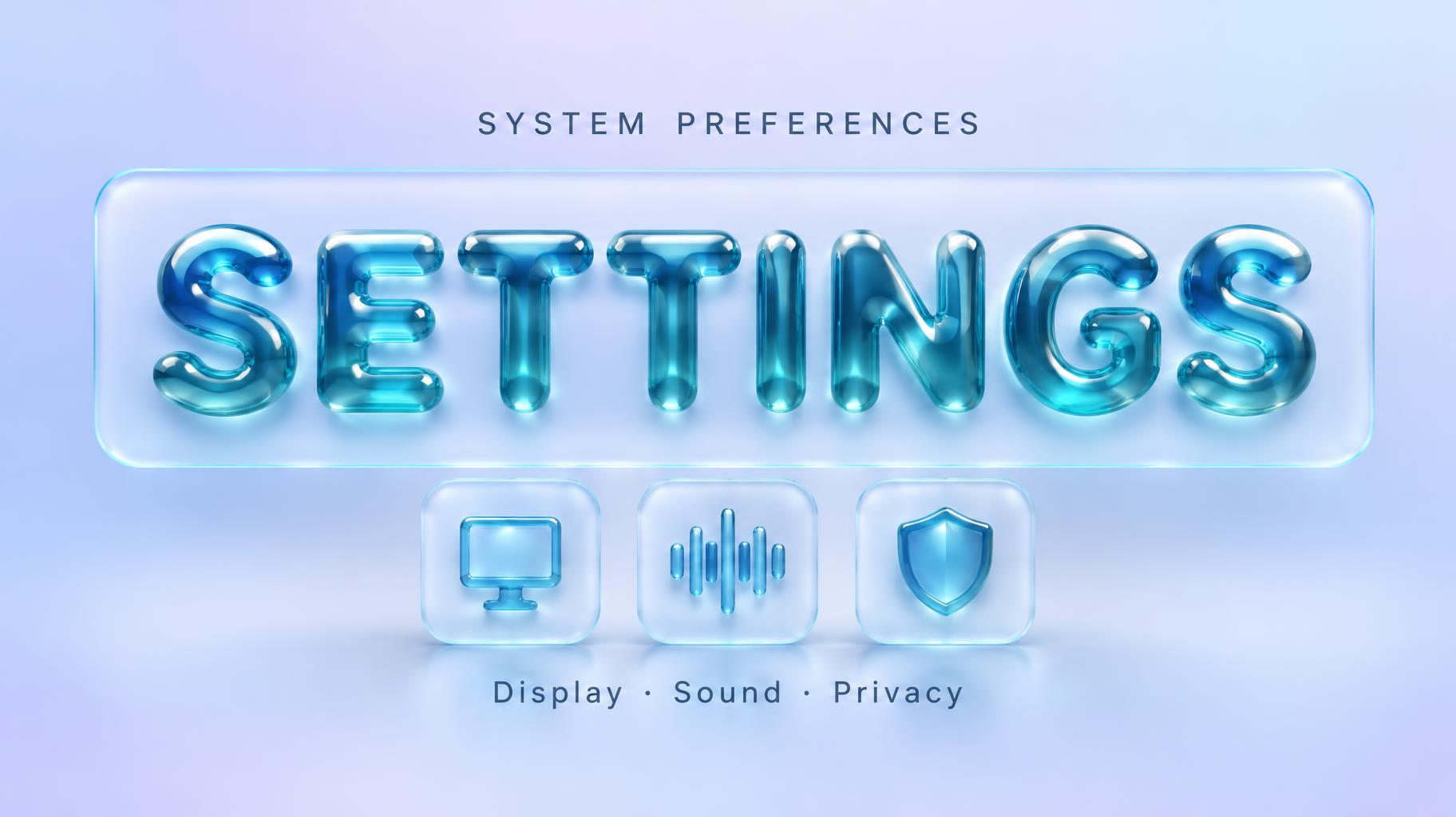 "SETTINGS
SYSTEM PREFERENCES
Display · Sound · Privacy" — Glass Liquid | AI Text Effect Generator