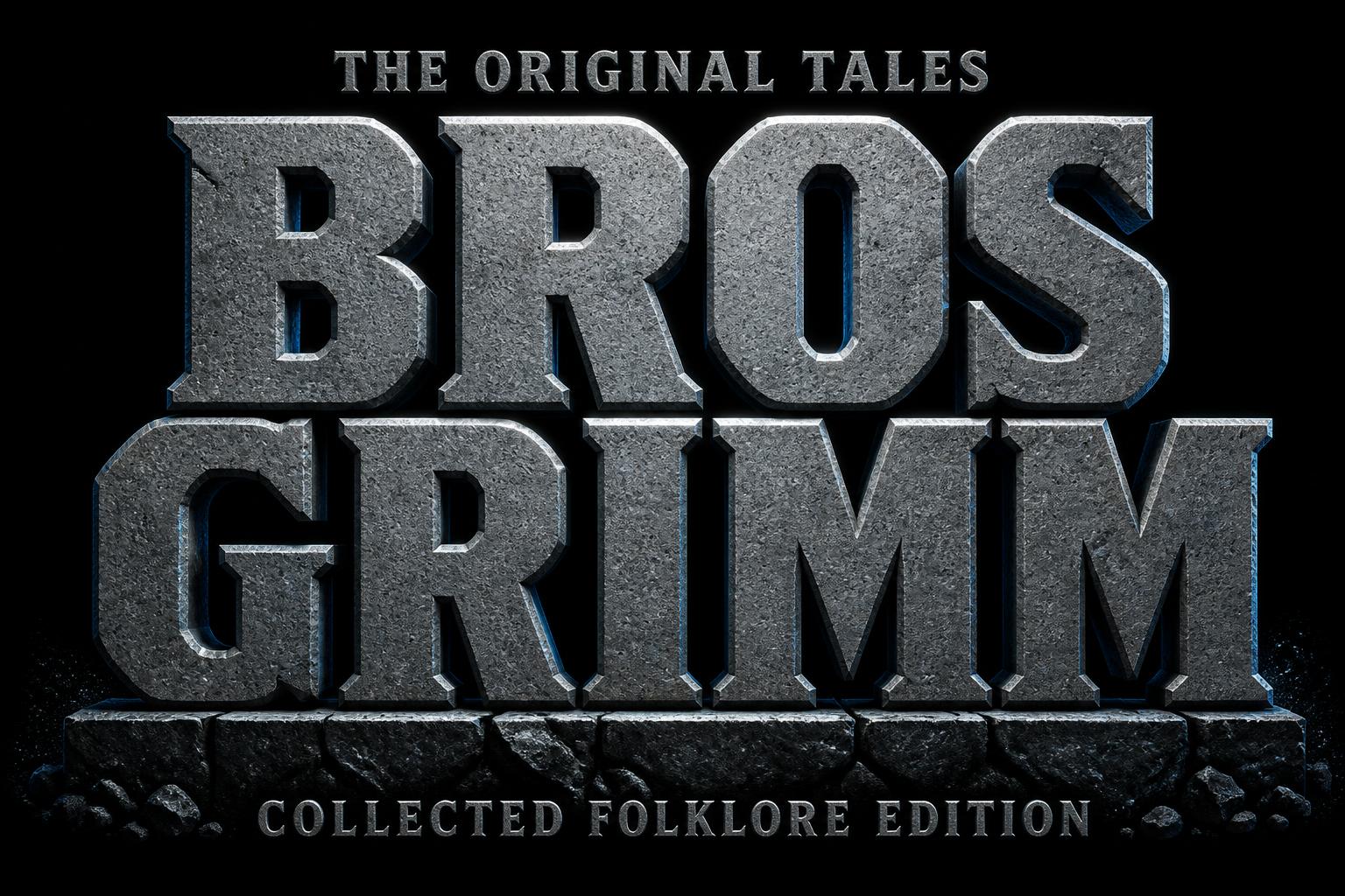 "Bros
Grimm
THE ORIGINAL TALES
COLLECTED FOLKLORE EDITION" — Chrome Metal 3d | AI Text Effect Generator