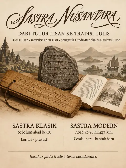 "SASTRA NUSANTARA
DARI TUTUR LISAN KE TRADISI TULIS
Tradisi lisan · interaksi antarsuku · pengaruh Hindu-Buddha dan kolonialisme
SASTRA KLASIK
Sebelum abad ke-20
Lontar · prasasti
SASTRA MODERN
Abad ke-20 hingga kini
Cetak · pers · bentuk baru
Berakar pada tradisi, terus beradaptasi." — Cursive text effect