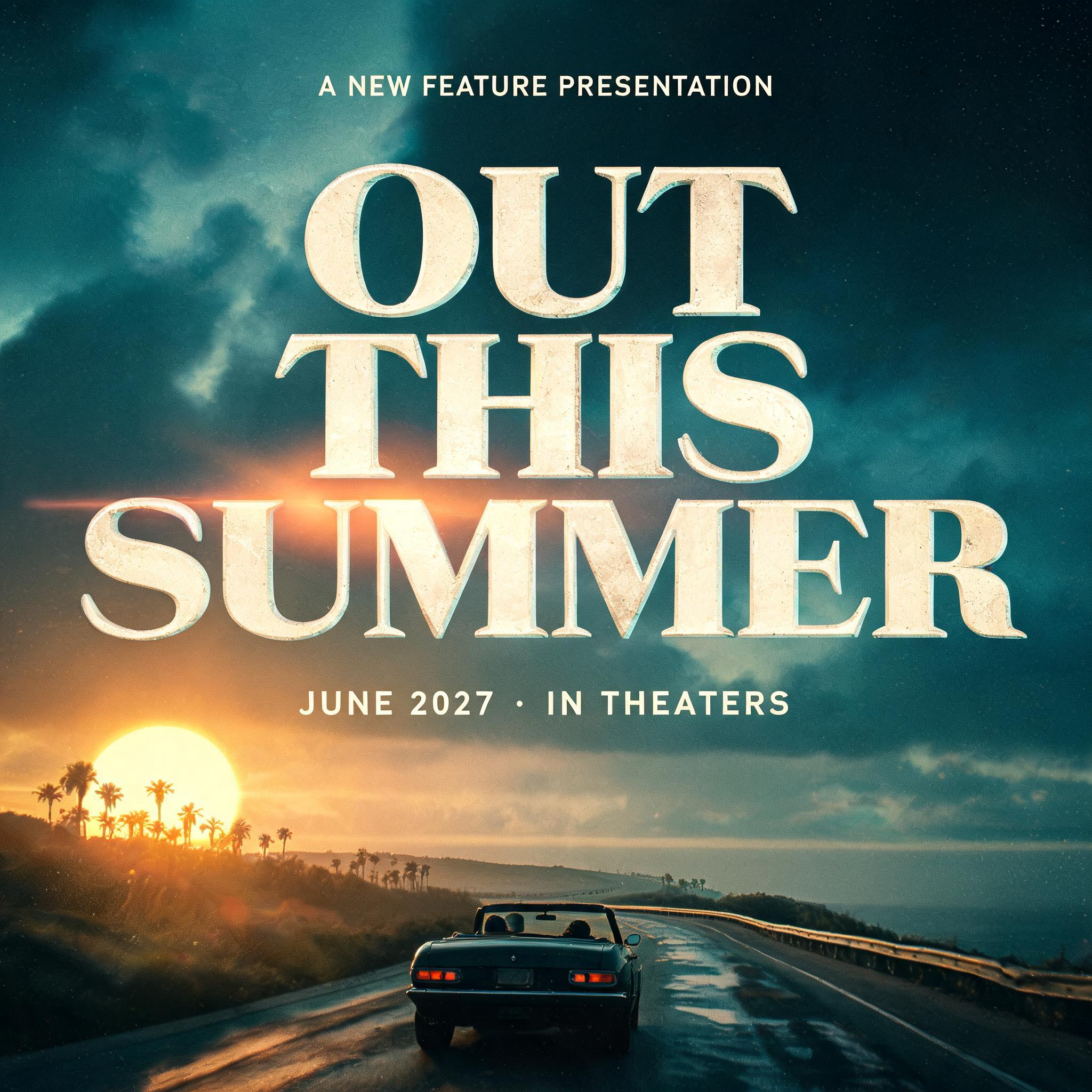"OUT
THIS
SUMMER
A NEW FEATURE PRESENTATION
JUNE 2027 · IN THEATERS" — Cinematic | AI Text Effect Generator