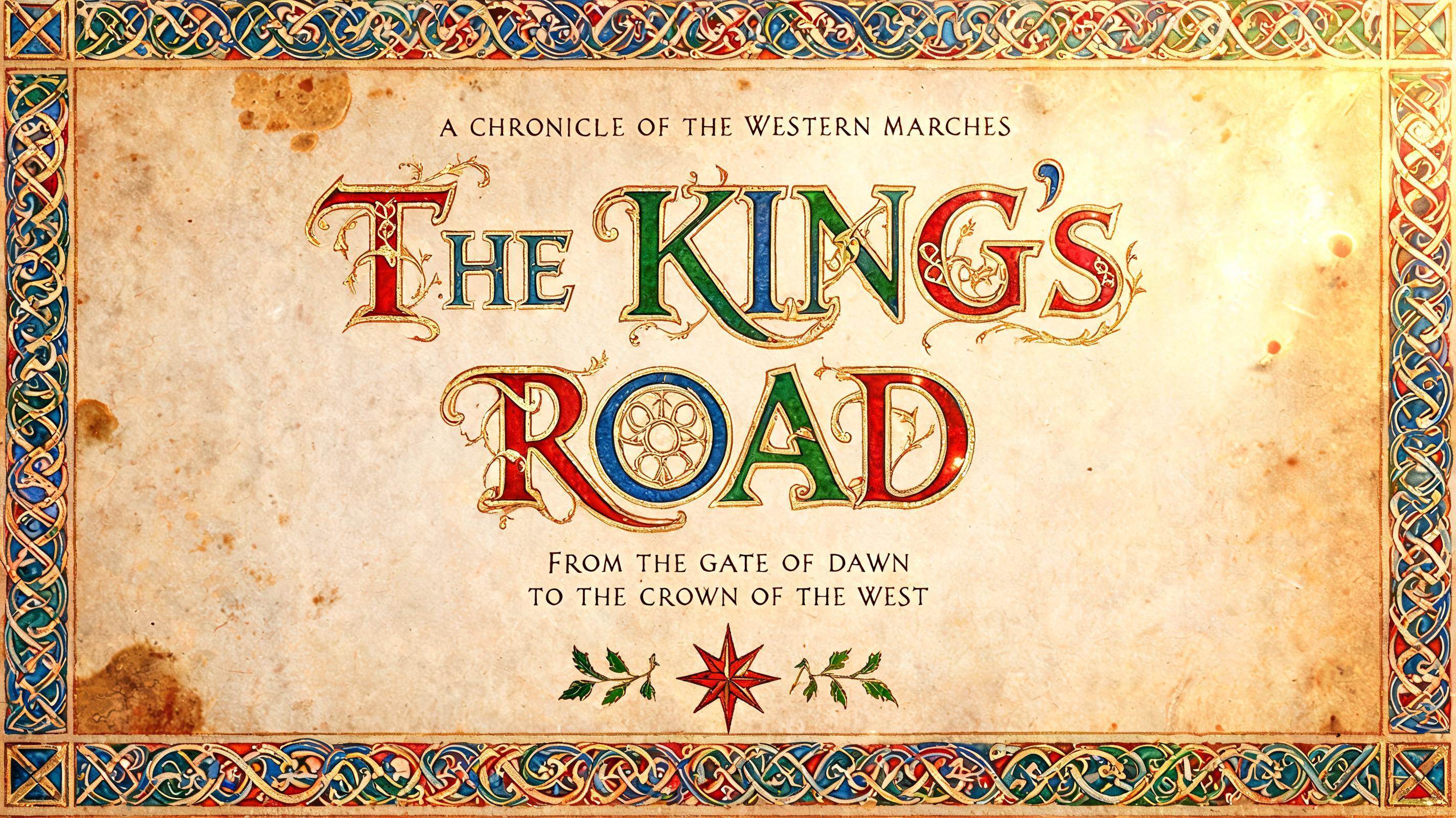 "THE KING'S ROAD
A CHRONICLE OF THE WESTERN MARCHES
FROM THE GATE OF DAWN TO THE CROWN OF THE WEST" — Medieval text effect