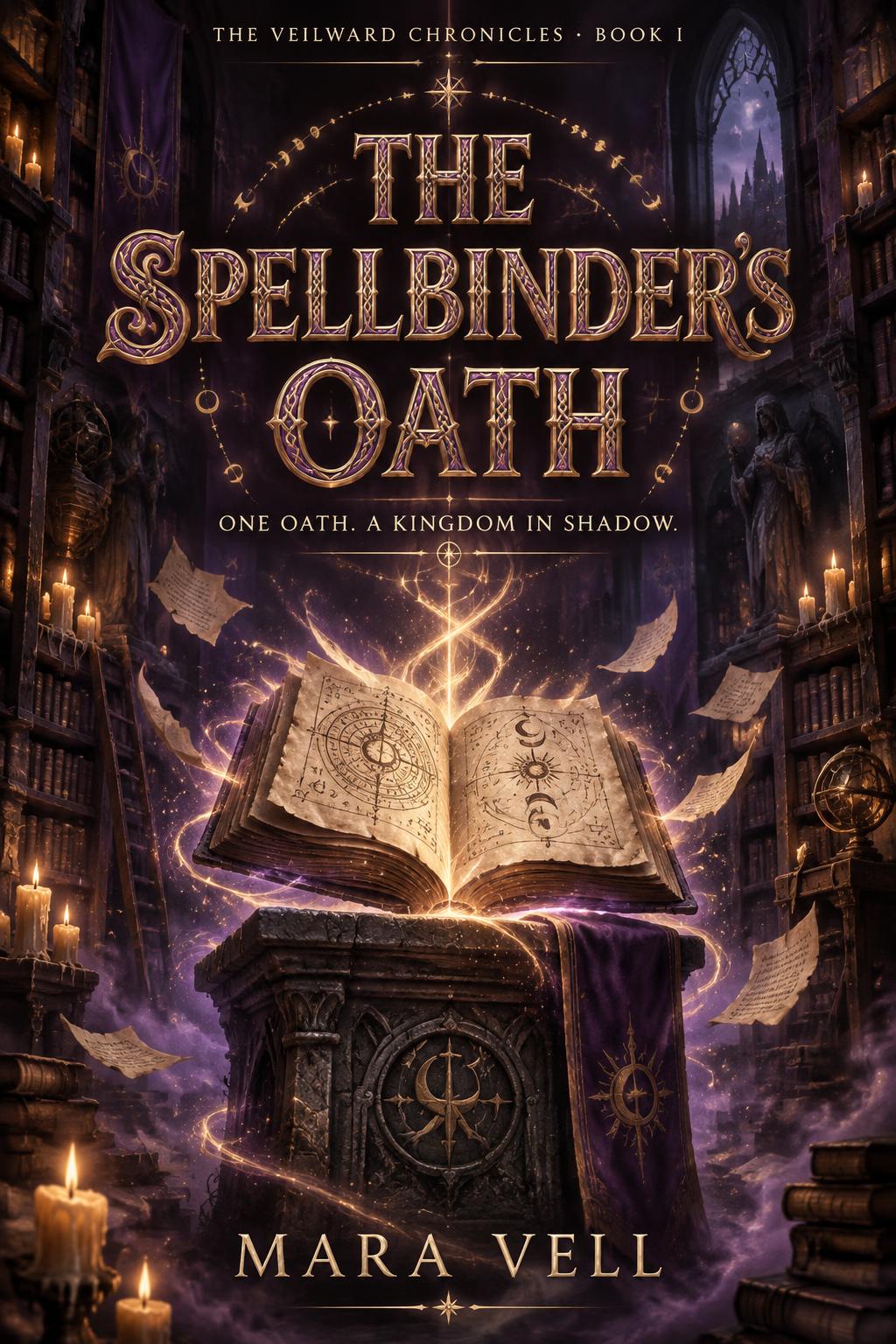 "THE SPELLBINDER'S OATH
ONE OATH. A KINGDOM IN SHADOW.
THE VEILWARD CHRONICLES · BOOK I
MARA VELL" — Magic Fantasy | AI Text Effect Generator