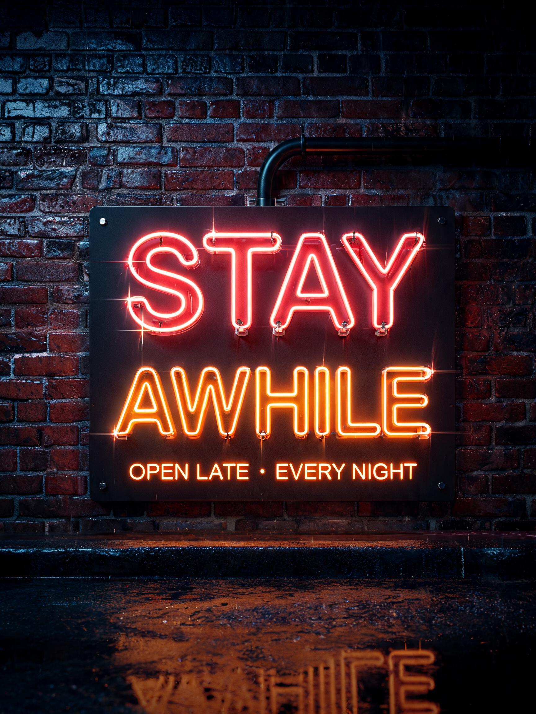 "STAY
AWHILE
OPEN LATE · EVERY NIGHT" — Neon Sign | AI Text Effect Generator