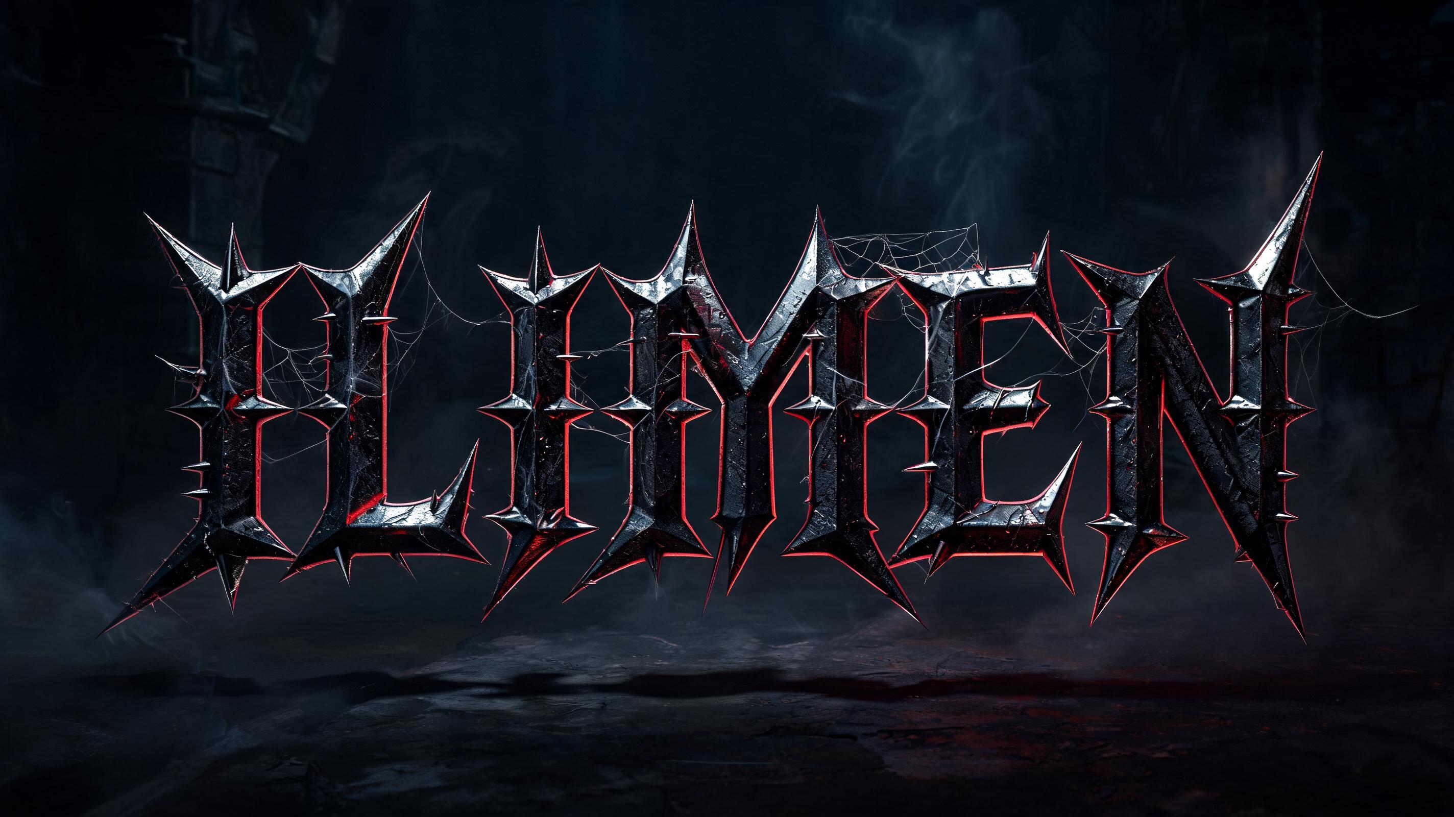 "ILIMEN, massive bold 3D producer logo typography, thick heavy extruded letters, dark polished chrome and black metallic material, sharp beveled edges, deep realistic extrusion, glossy reflective surfaces, subtle scratches and premium metal texture, d" — Gothic Dark text effect