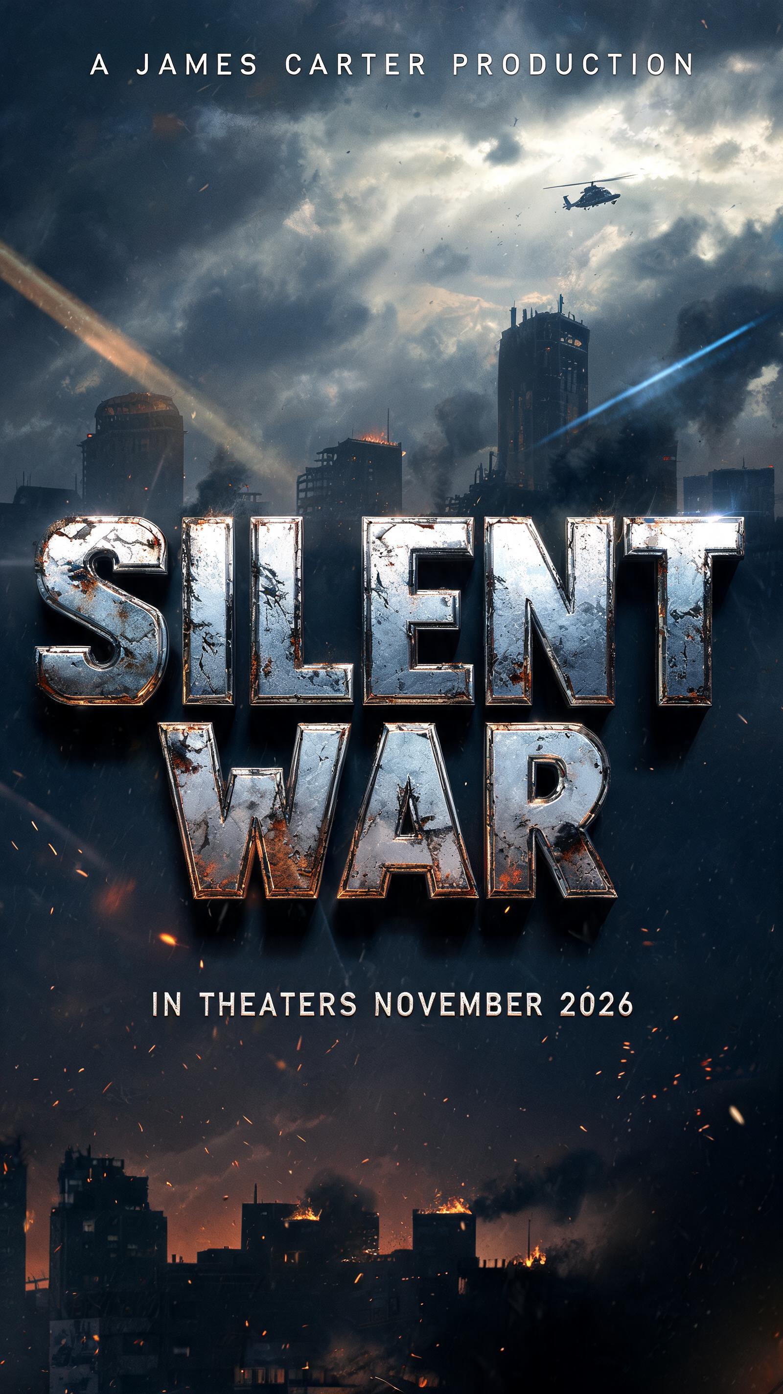 "A JAMES CARTER PRODUCTION
SILENT WAR
IN THEATERS NOVEMBER 2026" — Cinematic Blockbuster text effect