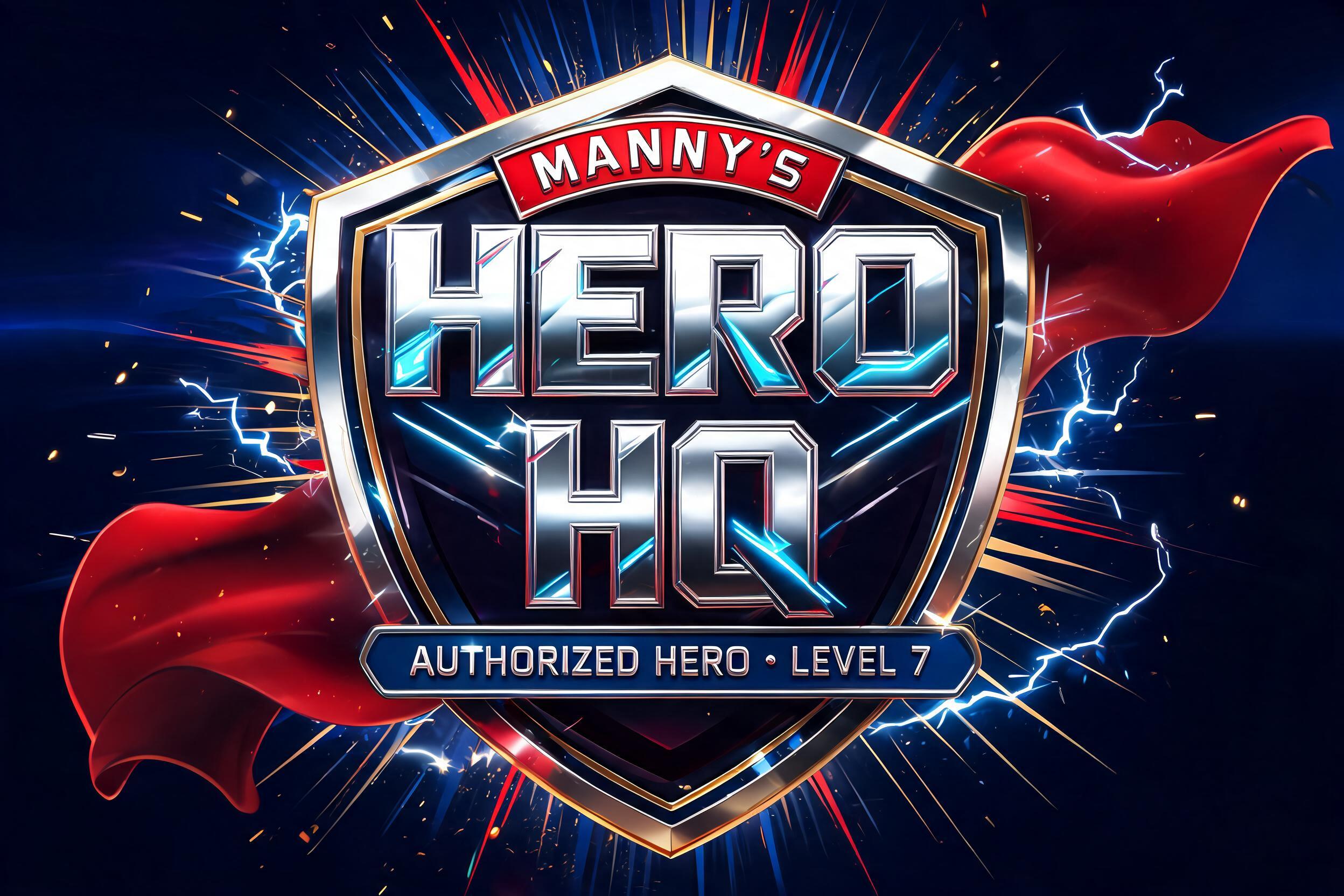 "MANNY’S
HERO HQ
AUTHORIZED HERO • LEVEL 7" — Superhero | AI Text Effect Generator