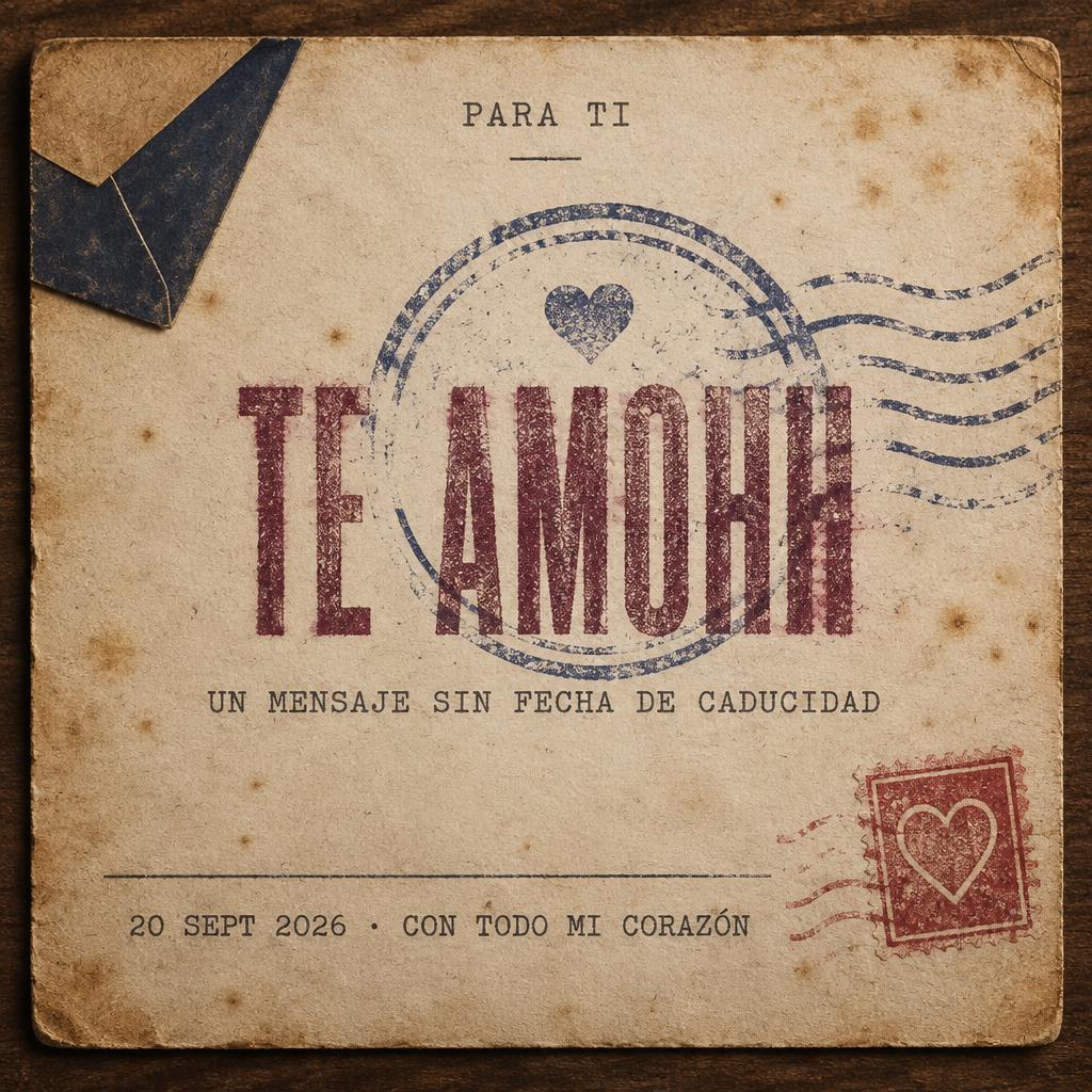 "TE AMOHH
PARA TI
UN MENSAJE SIN FECHA DE CADUCIDAD
20 SEPT 2026 · CON TODO MI CORAZÓN" — Vintage | AI Text Effect Generator