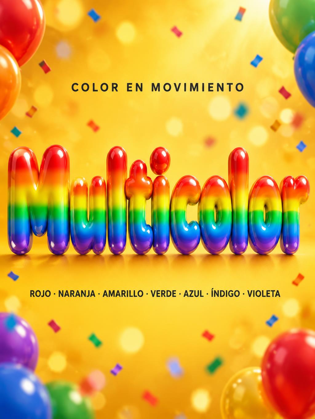 "Multicolor
COLOR EN MOVIMIENTO
ROJO · NARANJA · AMARILLO · VERDE · AZUL · ÍNDIGO · VIOLETA" — Rainbow | AI Text Effect Generator