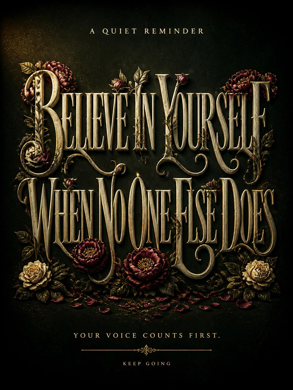 "BELIEVE IN YOURSELF
WHEN NO ONE ELSE DOES
A QUIET REMINDER
YOUR VOICE COUNTS FIRST.
KEEP GOING" — Floral | AI Text Effect Generator