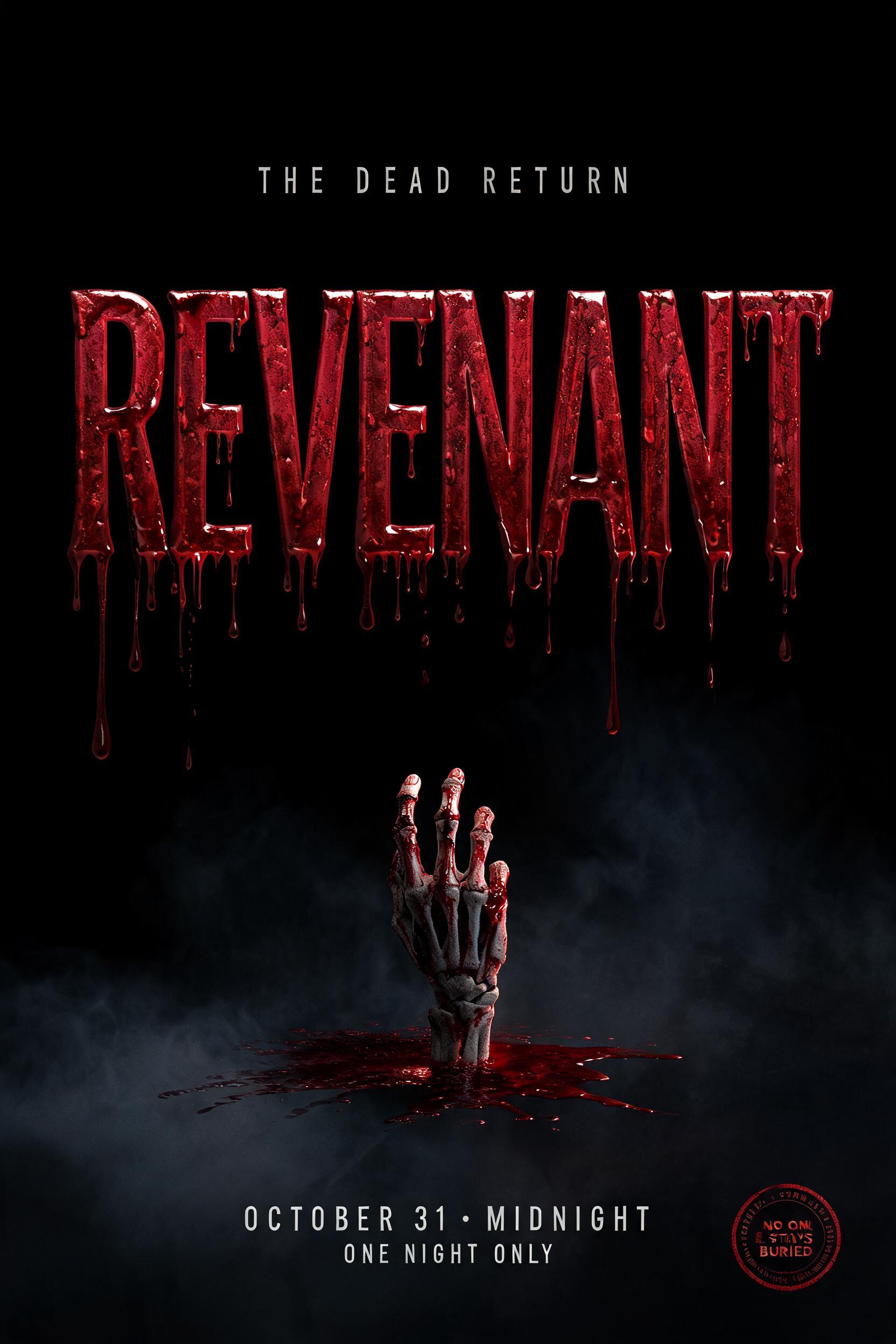 "REVENANT
THE DEAD RETURN
OCTOBER 31 • MIDNIGHT
ONE NIGHT ONLY
NO ONE STAYS BURIED" — Drip Font Blood | AI Text Effect Generator