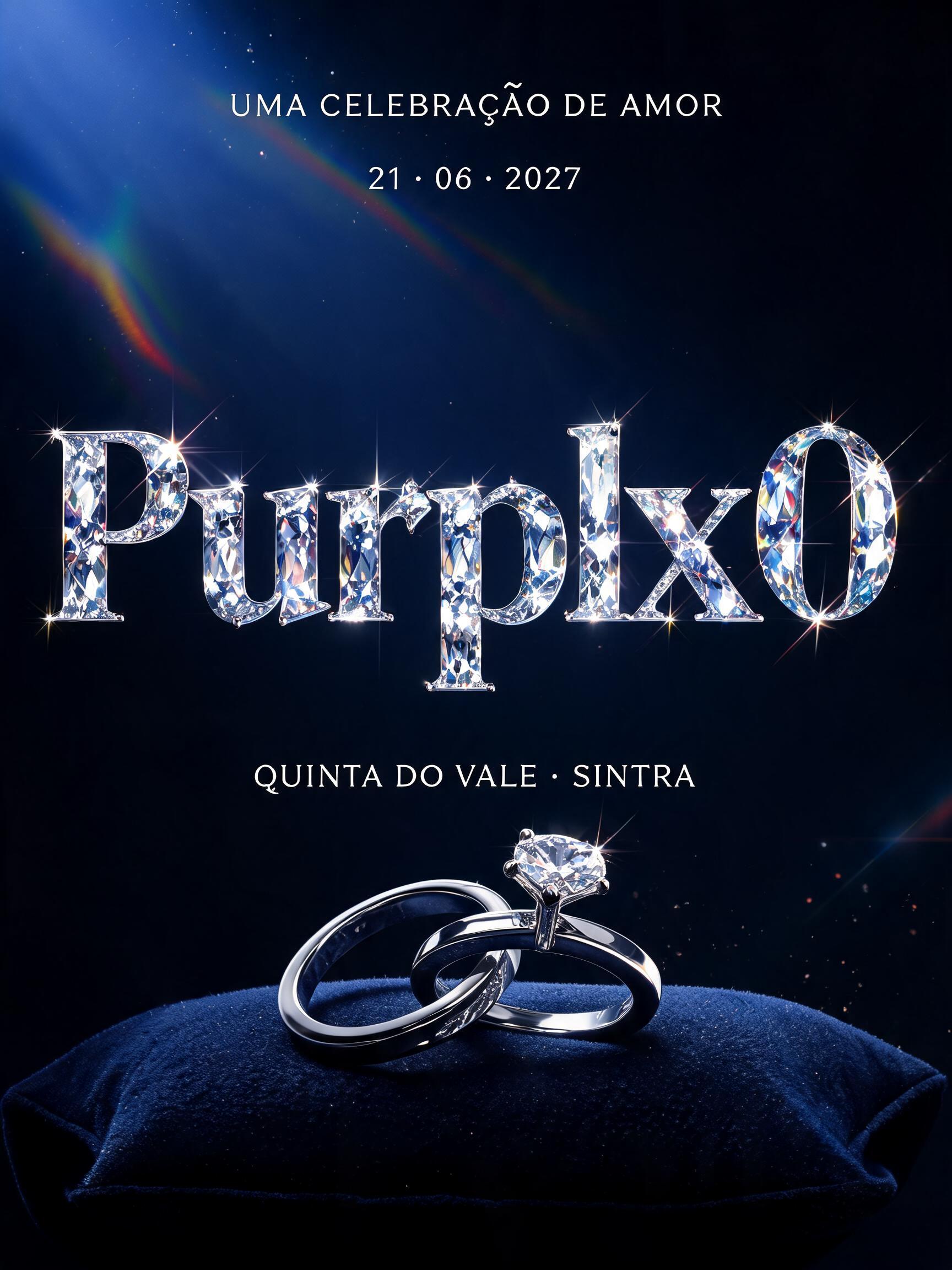 "Purplx0
UMA CELEBRAÇÃO DE AMOR
21 · 06 · 2027
QUINTA DO VALE · SINTRA" — Glass Crystal | AI Text Effect Generator