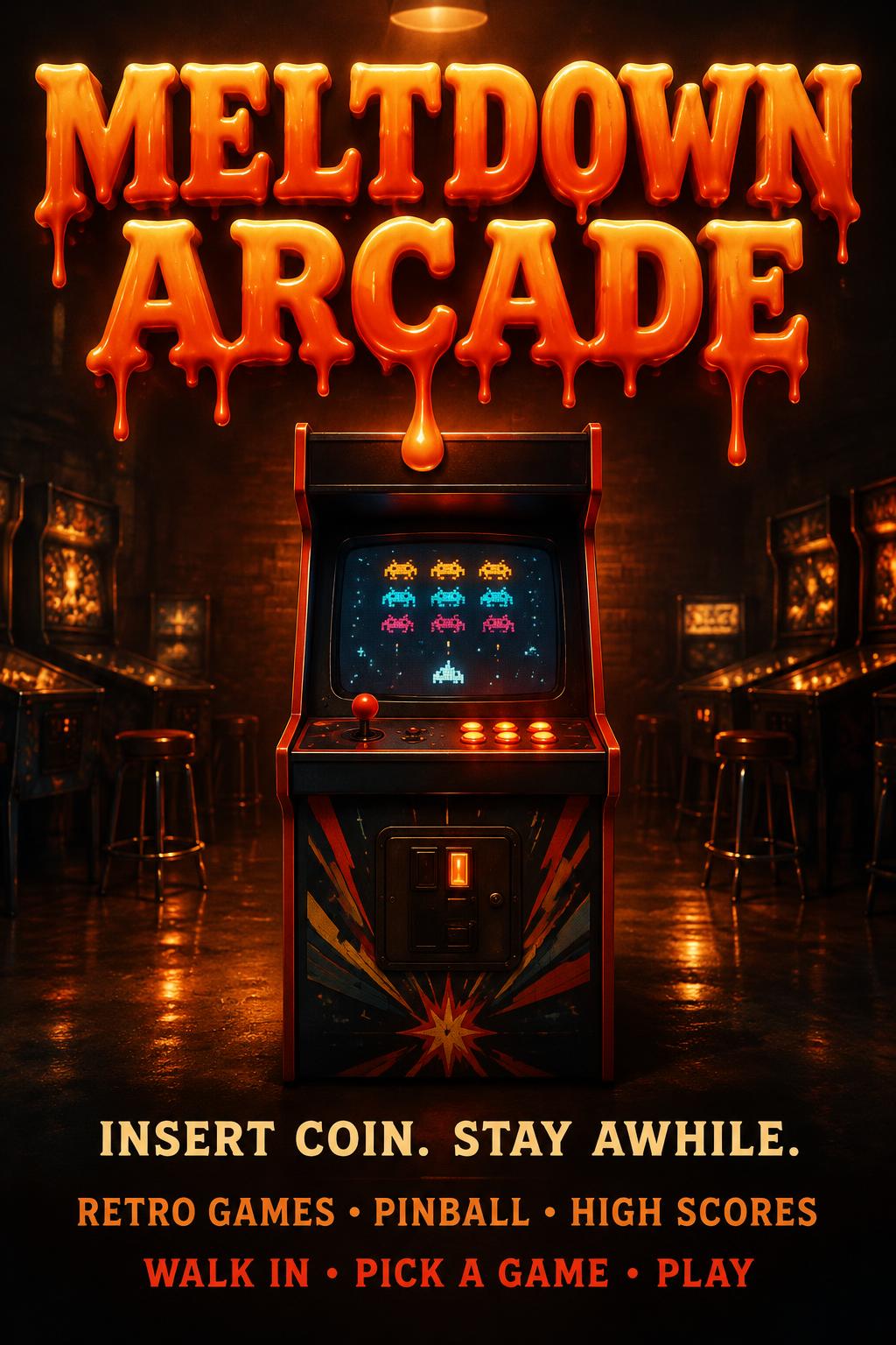 "MELTDOWN ARCADE
INSERT COIN. STAY AWHILE.
RETRO GAMES • PINBALL • HIGH SCORES
WALK IN • PICK A GAME • PLAY" — Drip Font Melting text effect
