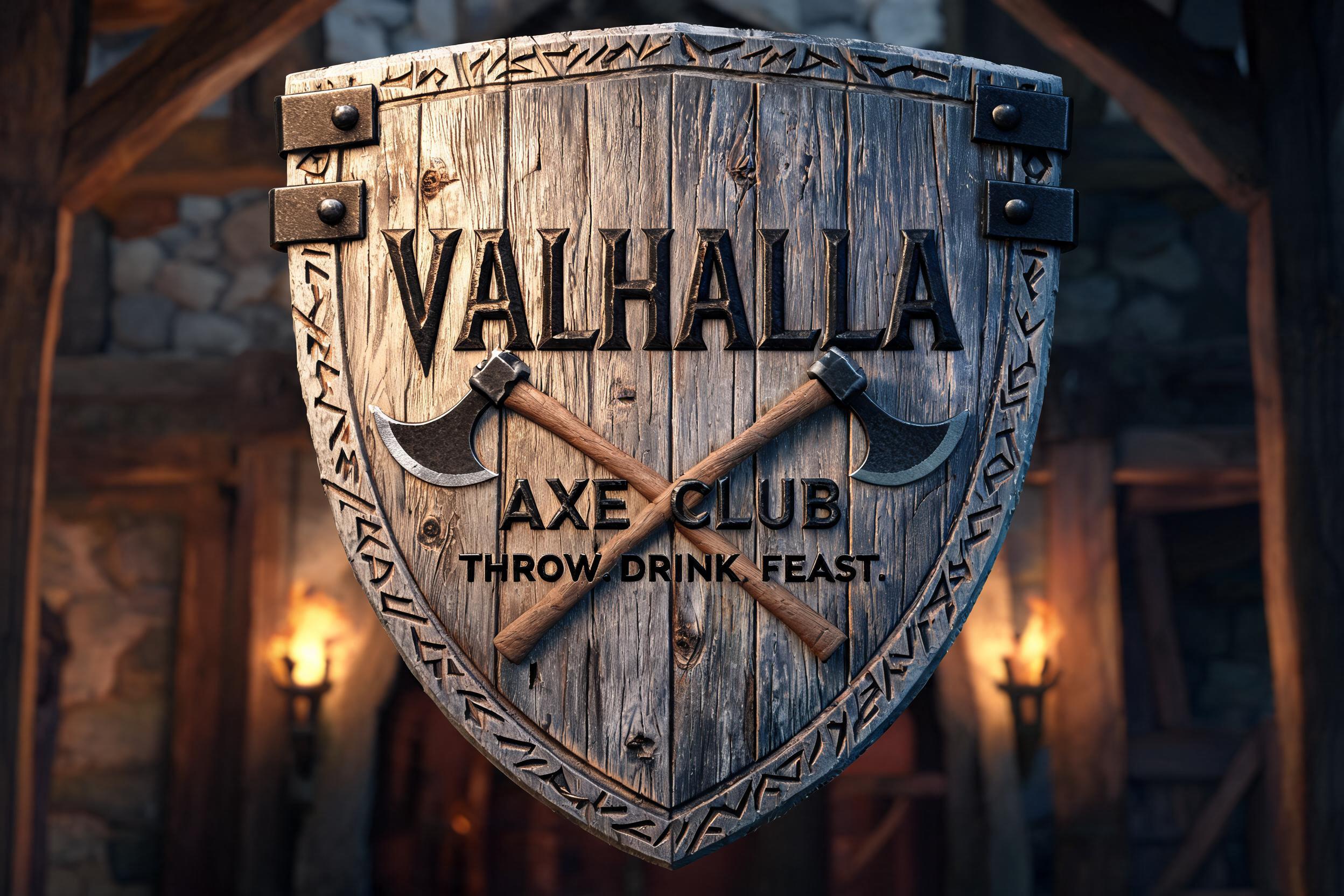 "Give me an axe-throwing bar sign for Valhalla Axe Club" — Viking text effect