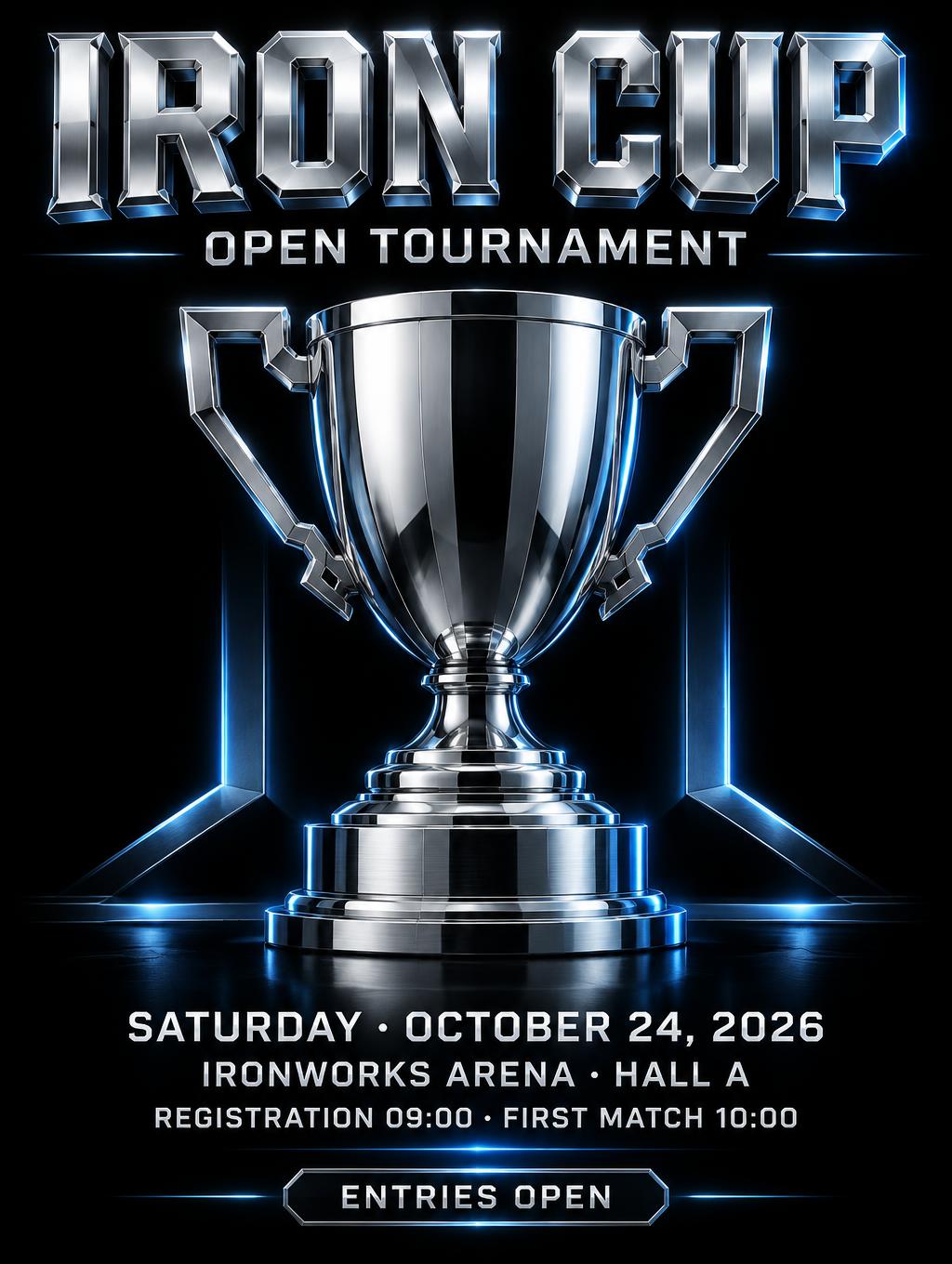 "IRON CUP
OPEN TOURNAMENT
SATURDAY · OCTOBER 24, 2026
IRONWORKS ARENA · HALL A
REGISTRATION 09:00 · FIRST MATCH 10:00
ENTRIES OPEN" — Chrome Metal 3d | AI Text Effect Generator