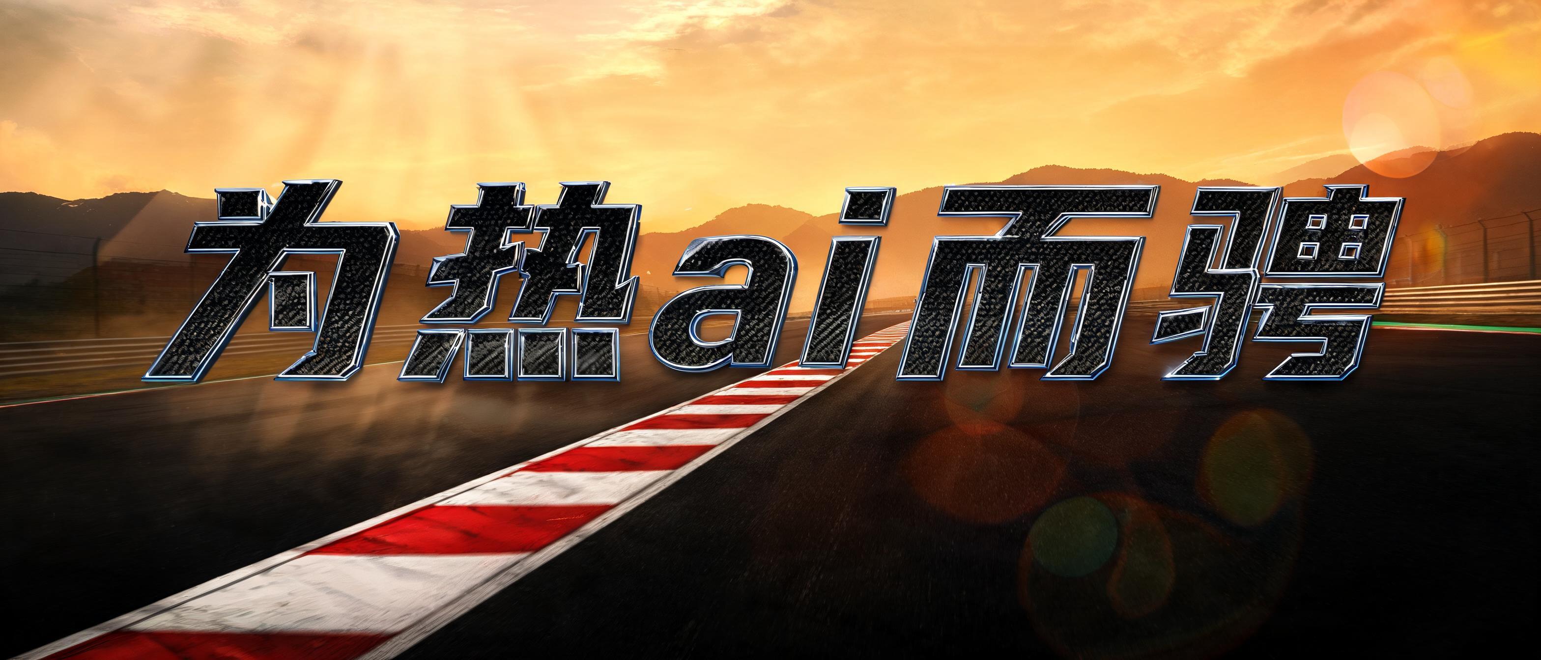 "设计极具F1赛车风格的3D机械感LOGO。主体文字为“为热ai而骋”。极其严格的要求：中间字母必须是纯小写的“ai”，绝对不能是大写，不能是AI！整体风格：强烈的F1速度感、空气动力学造型、碳纤维纹理、金属烤漆材质。配色：经典的F1红、黑色碳纤维、银色金属高光，边缘辅以亮蓝色的发光霓虹。赛道元素：有一条具有极致透视感的F1赛道（带有红白路肩的柏油赛道，不是水流）以锐角贯穿文字中心，像赛车极速冲刺留下的轨迹，向远处无限延伸。字体设计：字体极其锋利、向右上角极度倾斜具有强烈的金属切割面，光影对比强烈" — Cinematic | AI Text Effect Generator
