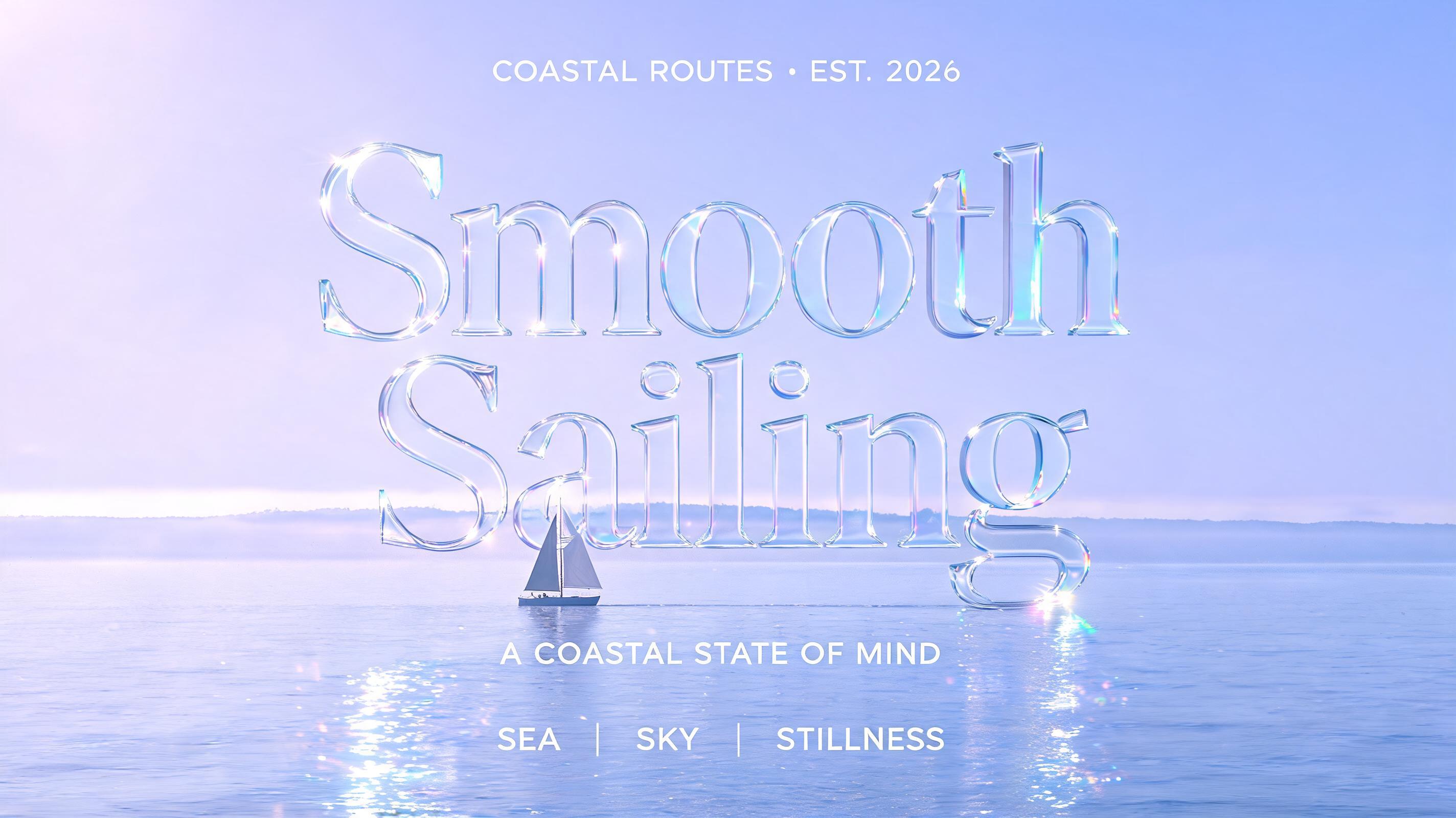 "Smooth Sailing
COASTAL ROUTES · EST. 2026
A COASTAL STATE OF MIND
SEA / SKY / STILLNESS" — Glass | AI Text Effect Generator