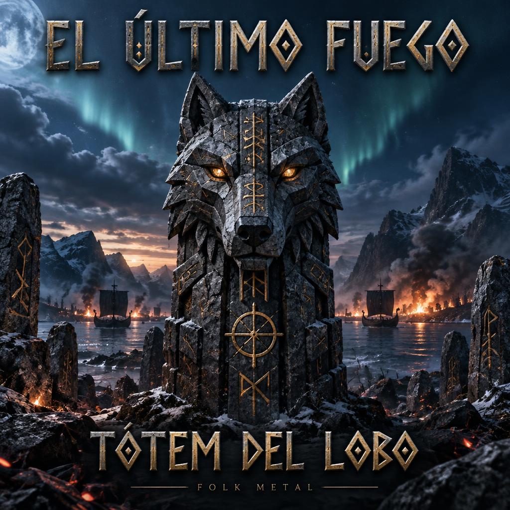 "EL ÚLTIMO FUEGO
TÓTEM DEL LOBO
FOLK METAL" — Viking | AI Text Effect Generator
