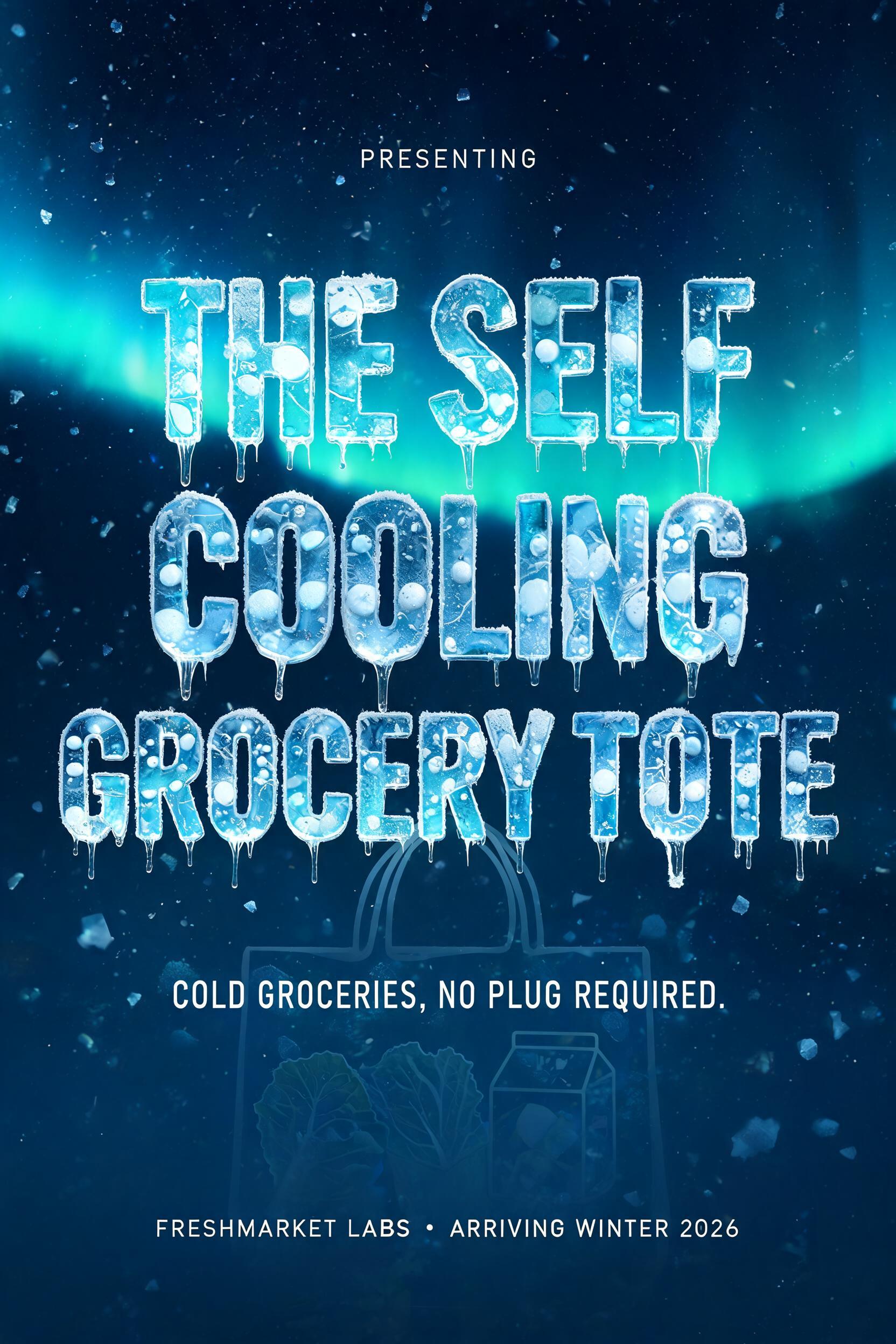 "PRESENTING
THE SELF
COOLING
GROCERY TOTE
COLD GROCERIES. NO PLUG REQUIRED.
FRESHMARKET LABS  •  ARRIVING WINTER 2026" — Glass Frozen | AI Text Effect Generator