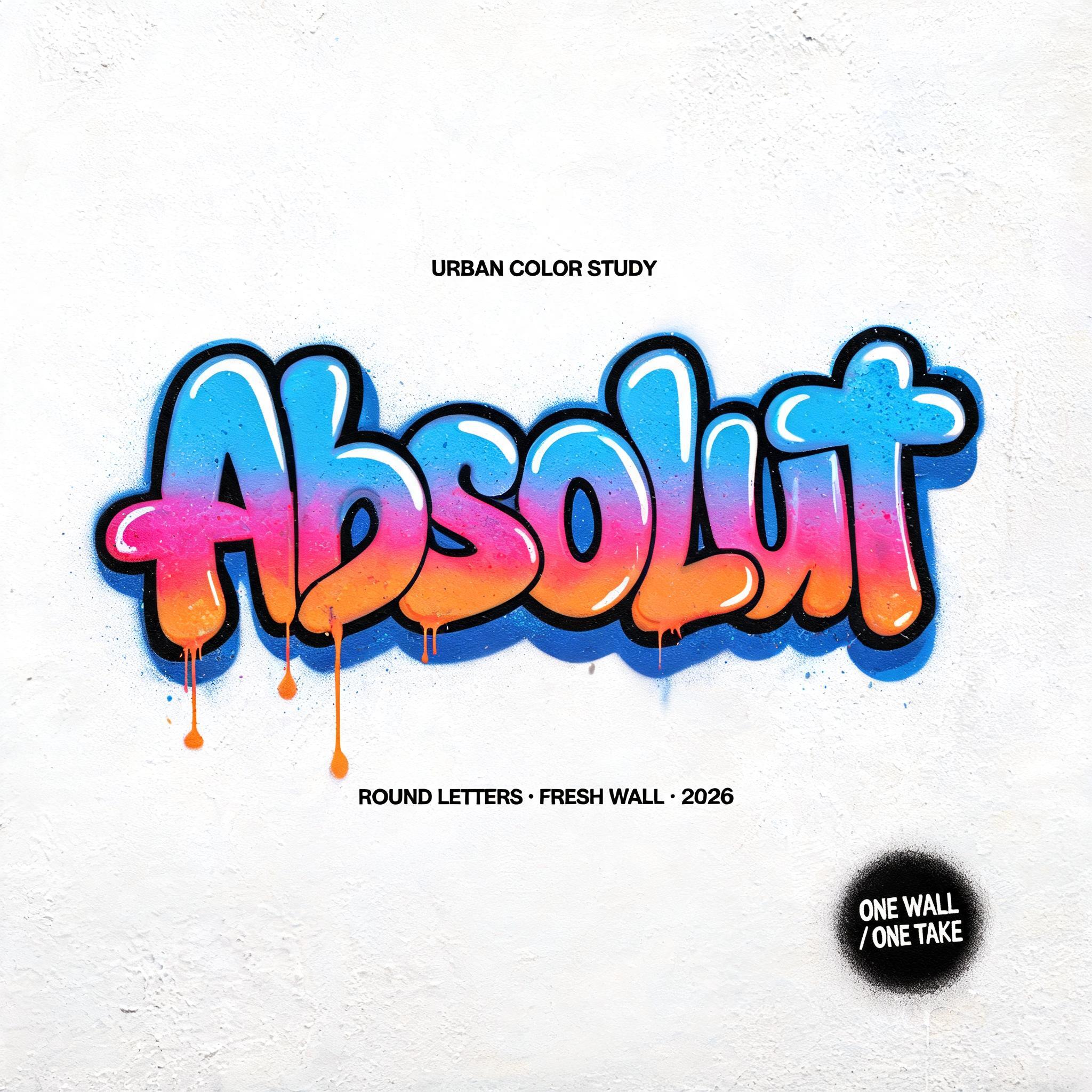 "Absolut
URBAN COLOR STUDY
ROUND LETTERS · FRESH WALL · 2026
ONE WALL / ONE TAKE" — Graffiti text effect