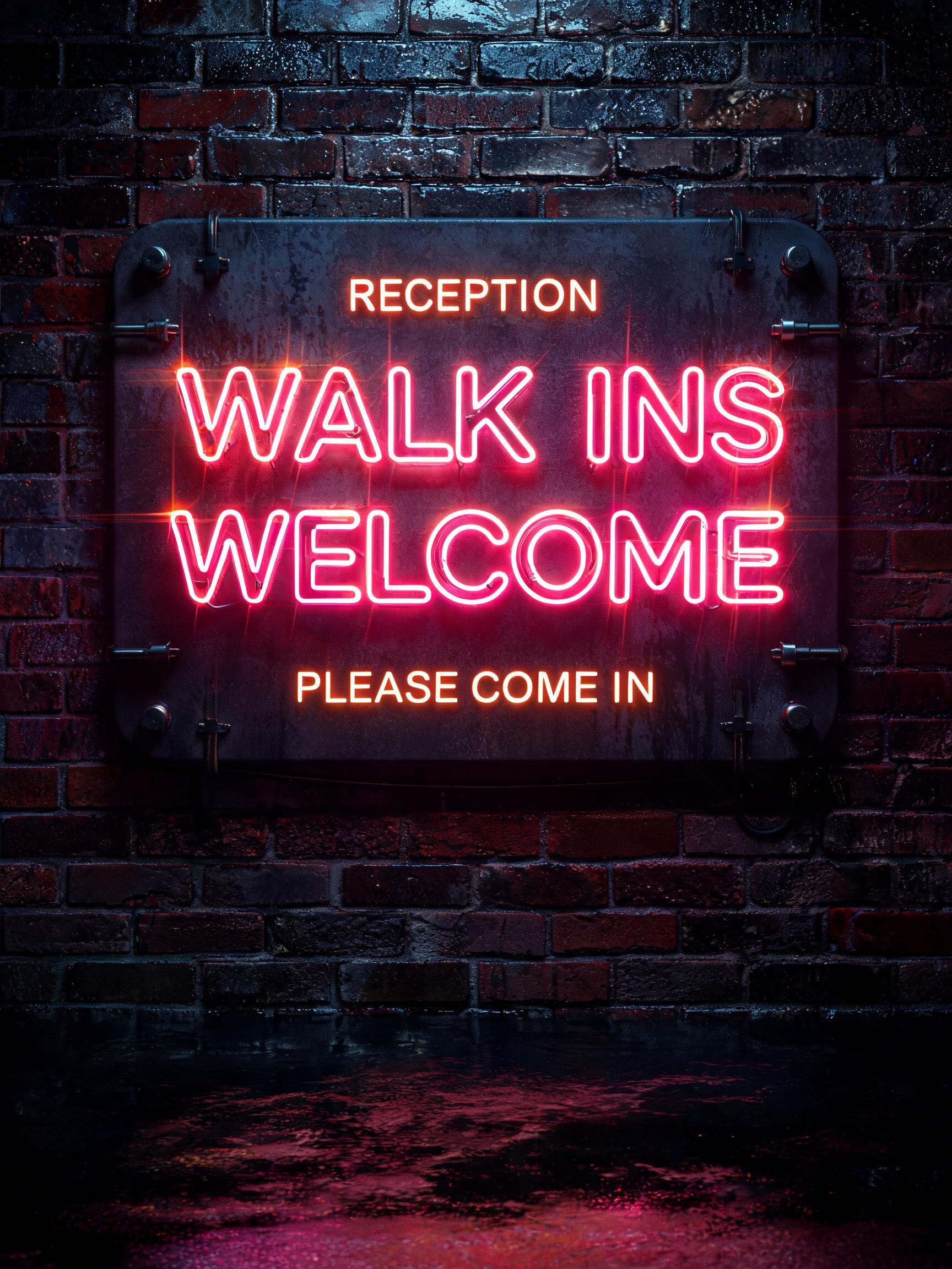 "RECEPTION
WALK INS
WELCOME
PLEASE COME IN" — Neon Sign | AI Text Effect Generator